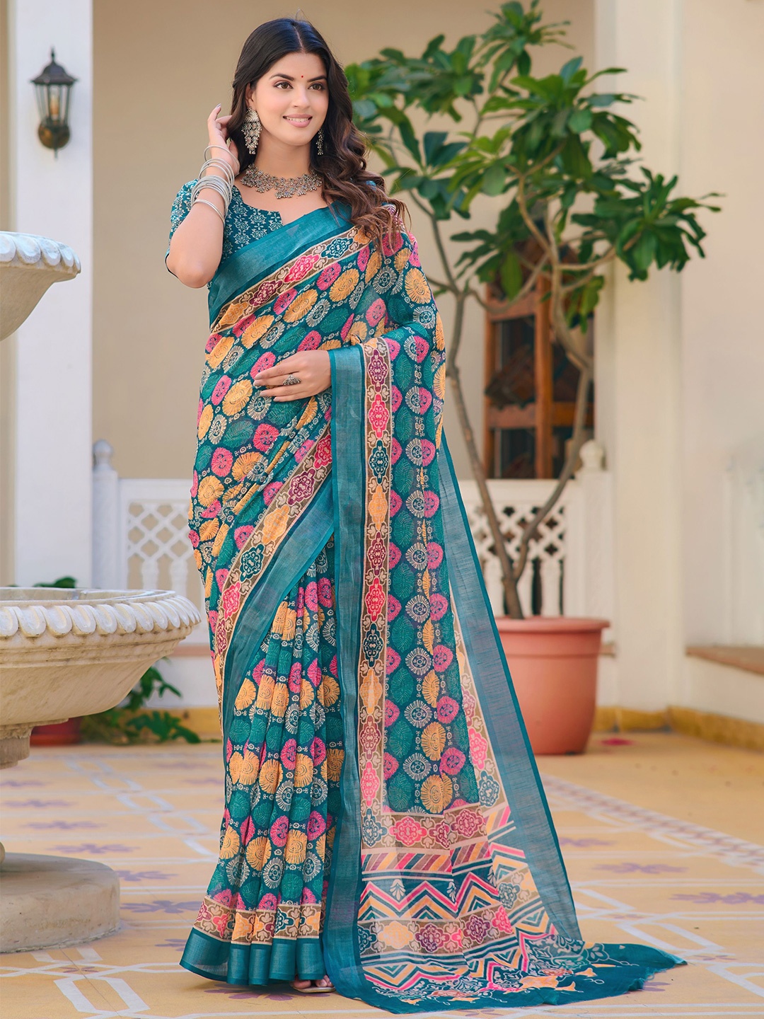 

Sidhidata Floral Block Print Saree, Blue