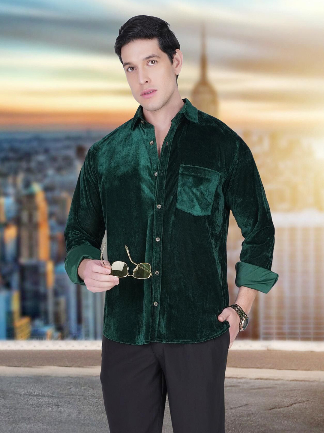 

BAESD Men Comfort Fit Spread Collar Solid Silk Casual Shirt, Green