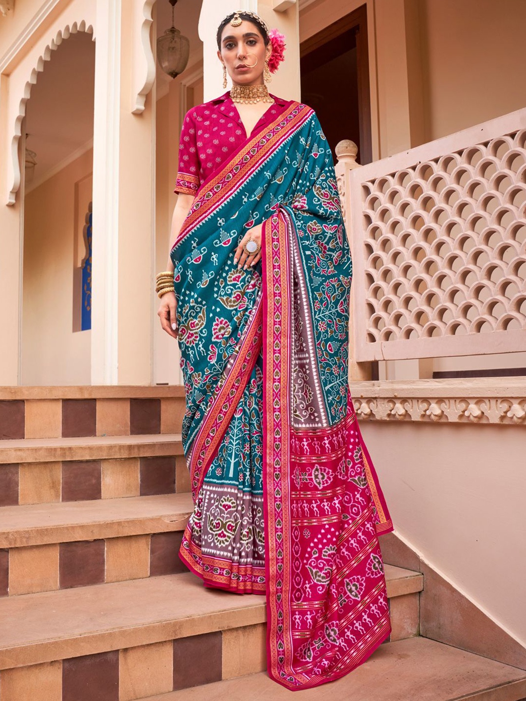 

Anouk Warli Silk Blend Patola Saree, Teal