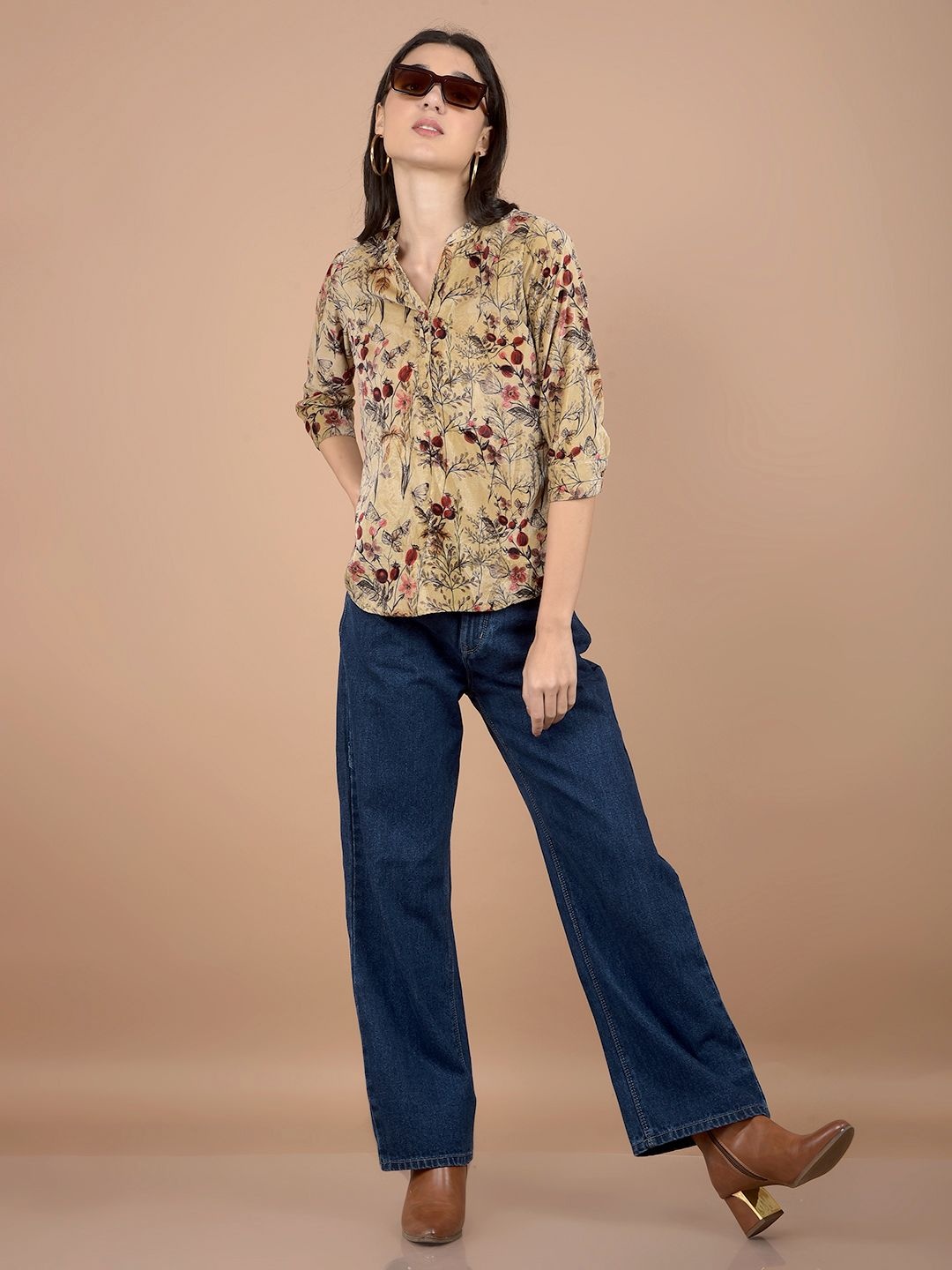 

Crimsoune Club Floral Print Mandarin Collar Top, Camel brown