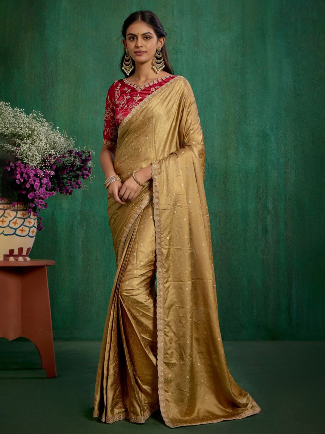 

Sangria Embroidered Saree With Blouse Piece, Brown