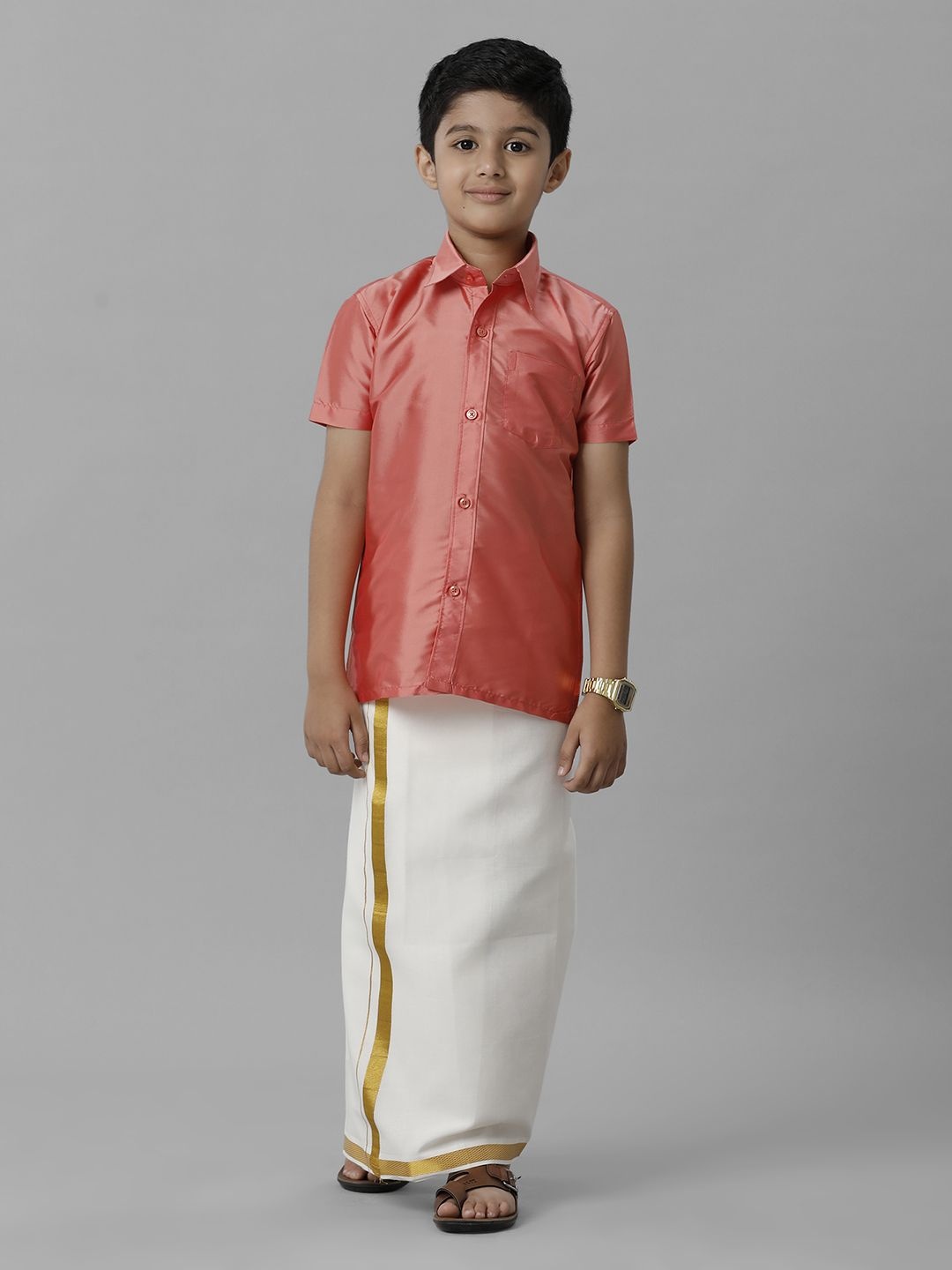 

Ramraj Boys Short Sleeves Shirt With Veshti, Pink