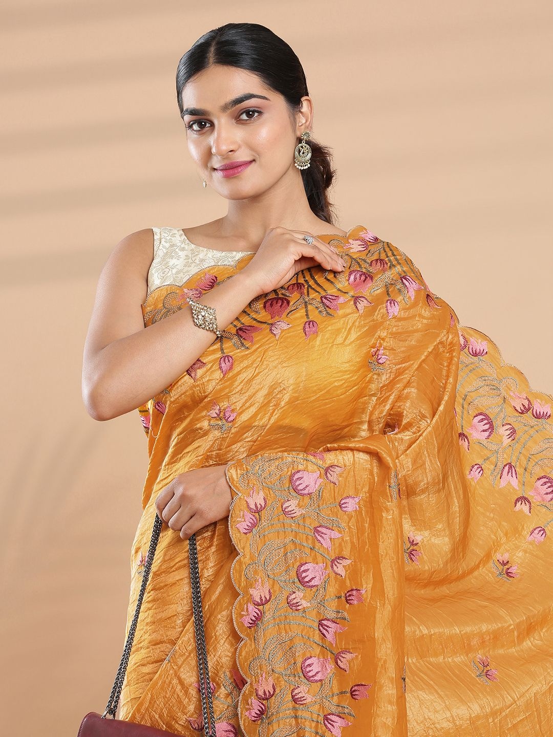 

Kalyan Silks Floral Embroidered Organza Saree, Mustard