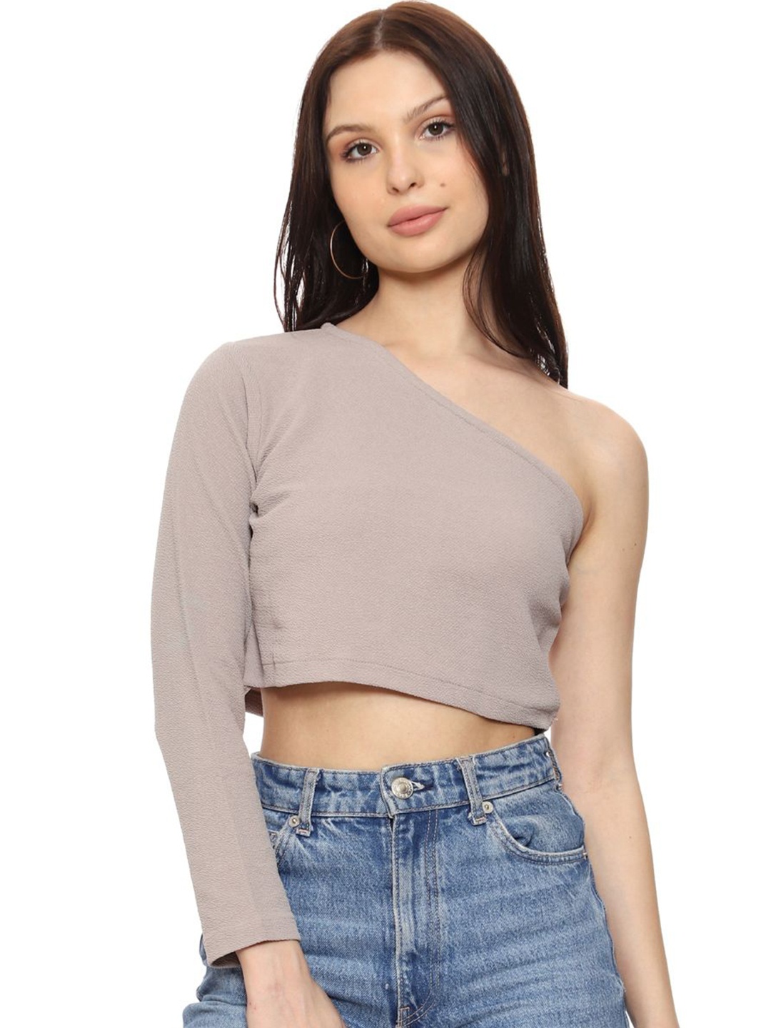 

SXV STYLE One Shoulder Georgette Crop Top, Beige