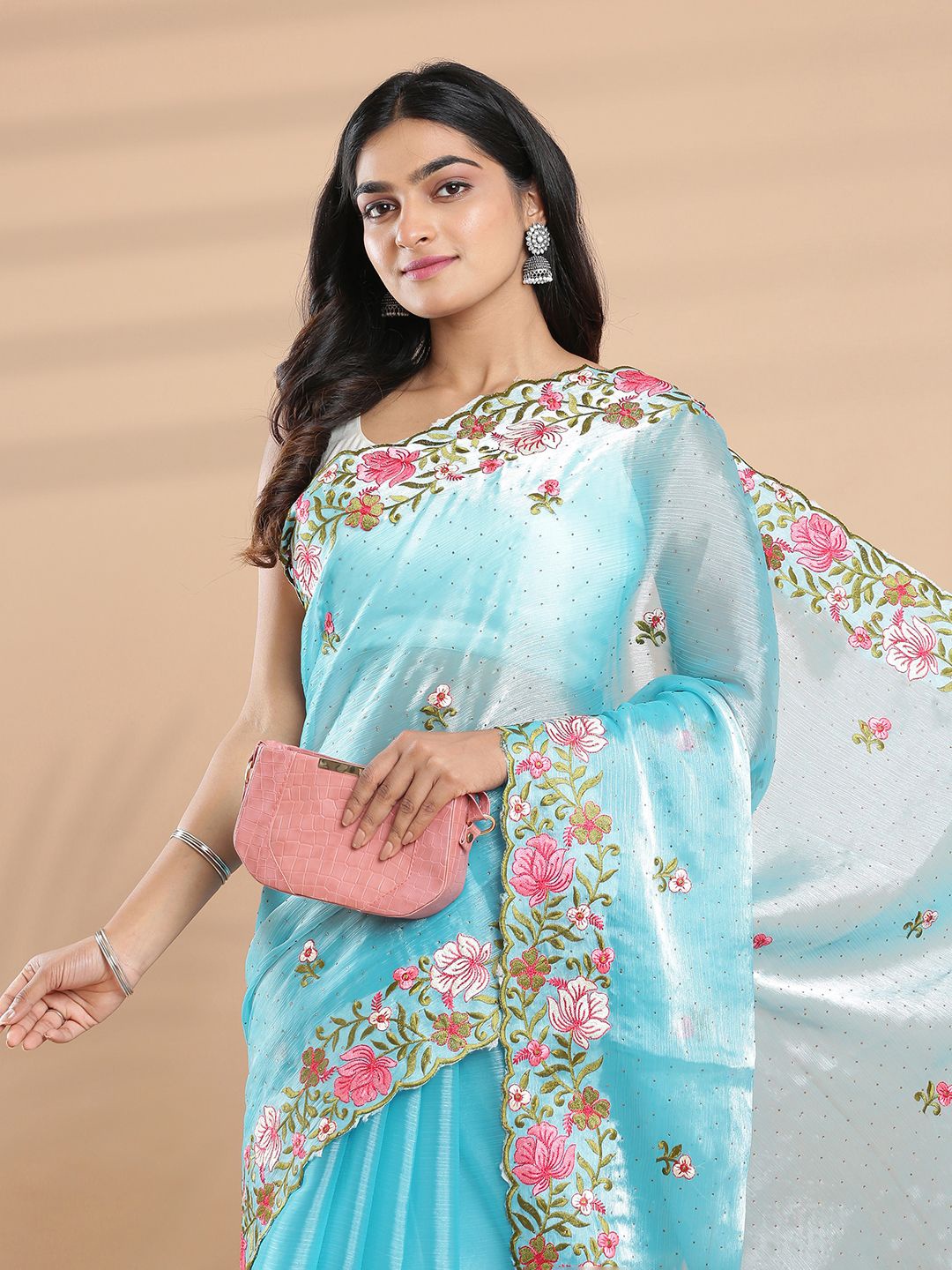 

Kalyan Silks Floral Embroidered Organza Saree, Blue
