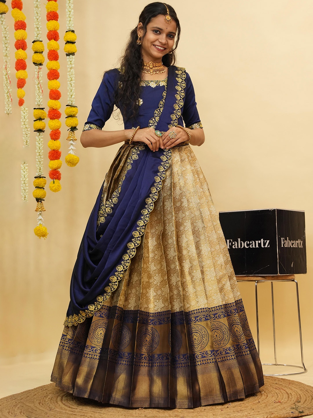 

Fabcartz Embellished Semi-Stitched Lehenga & Unstitched Blouse With Dupatta, Navy blue