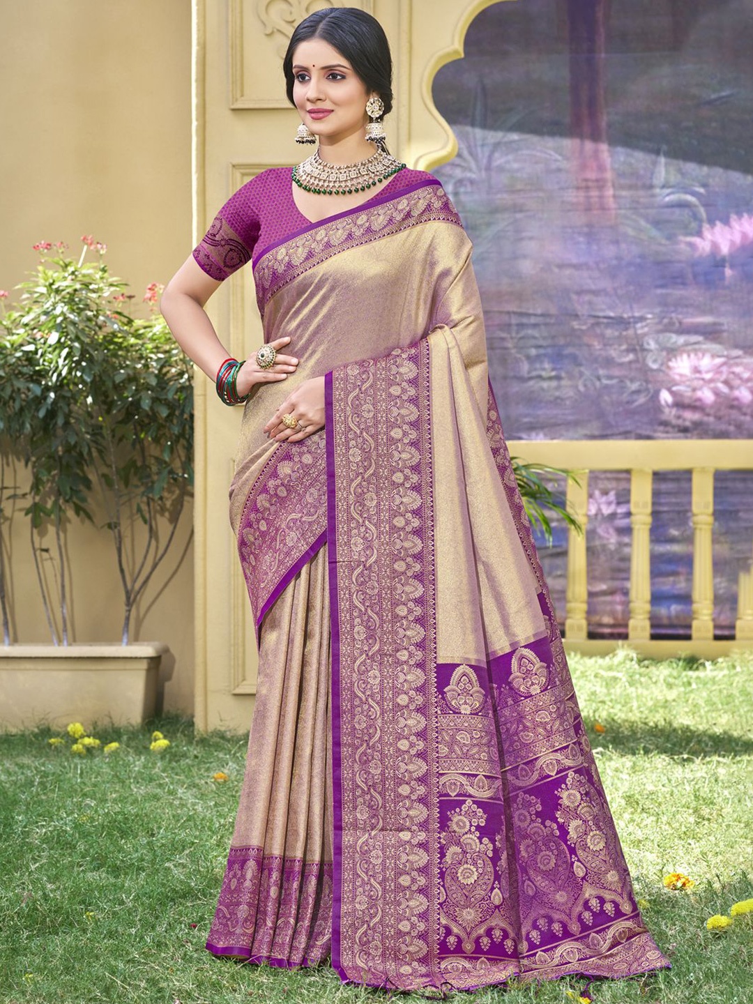 

SANGAM PRINTS Woven Design Zari Banarasi Saree, Beige