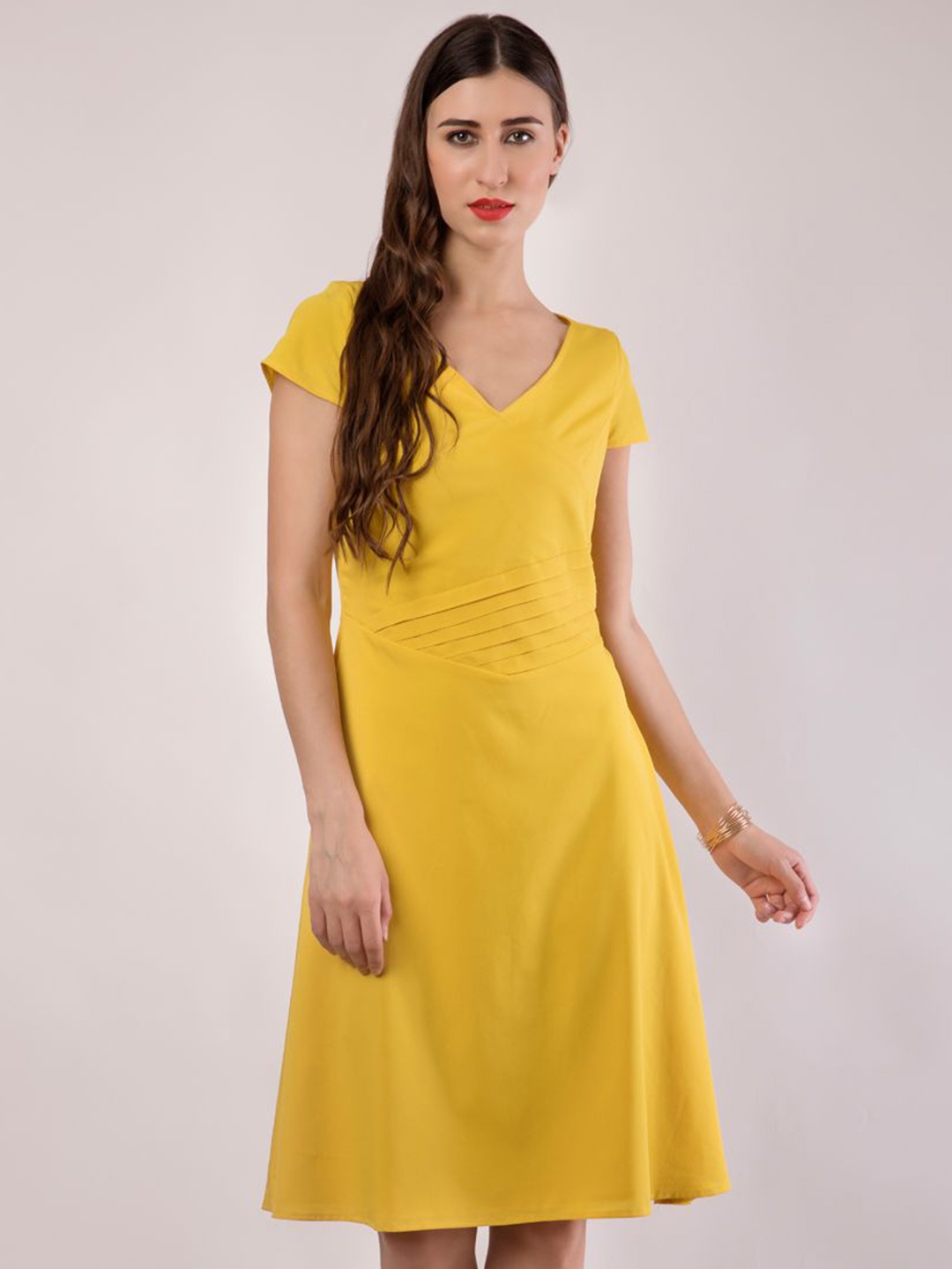 

DELIS V Neck Georgette A-Line Midi Dress, Yellow