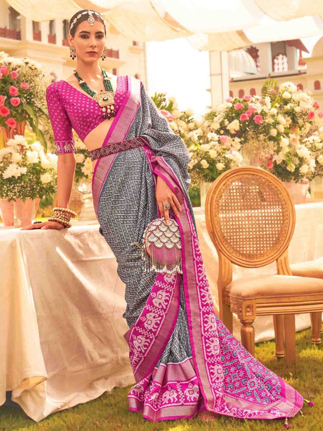 

Mitera Woven Design Silk Blend Patola Saree, Grey