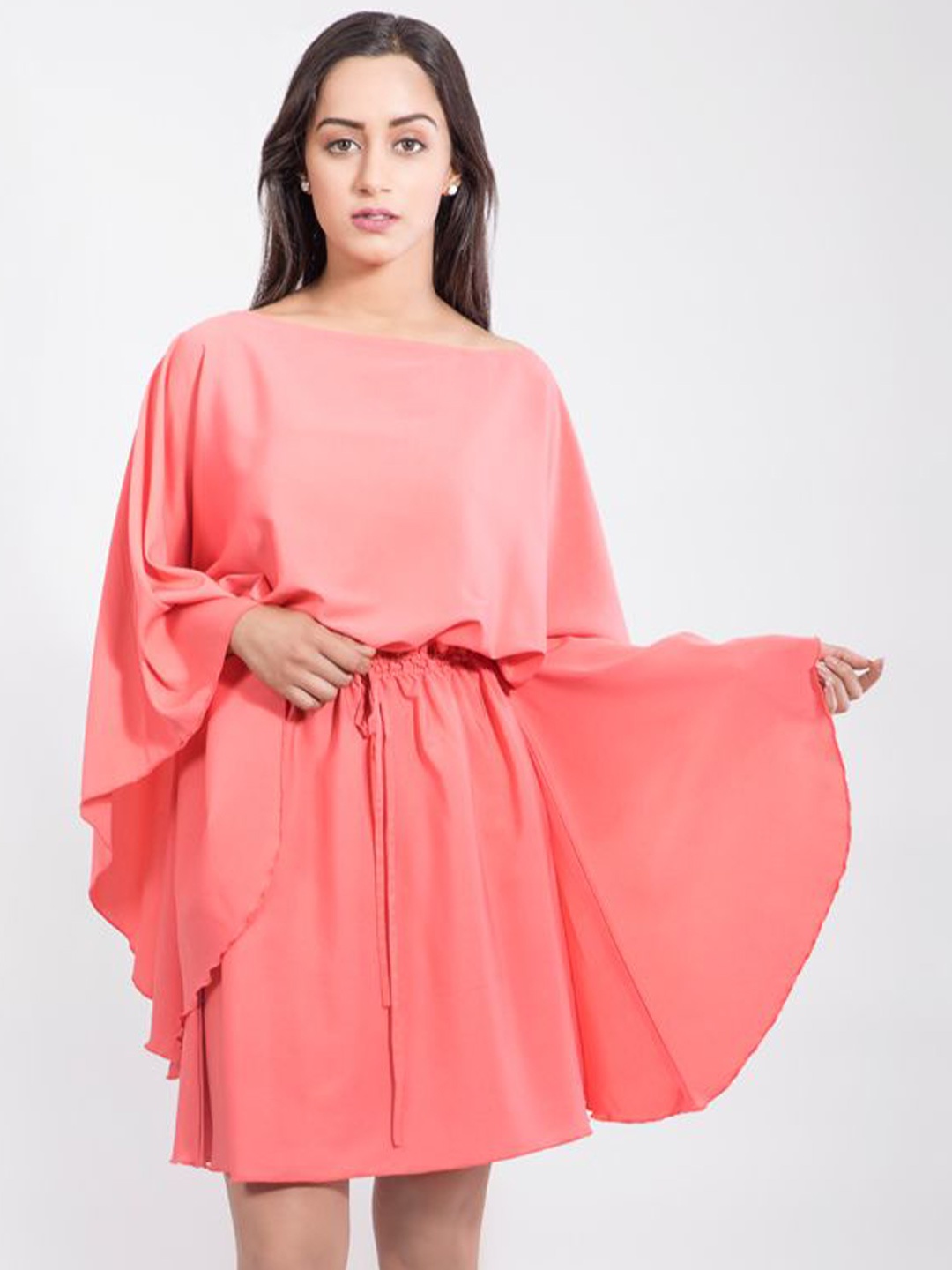 

DELIS Georgette Boat Neck Fit & Flare Dress, Pink