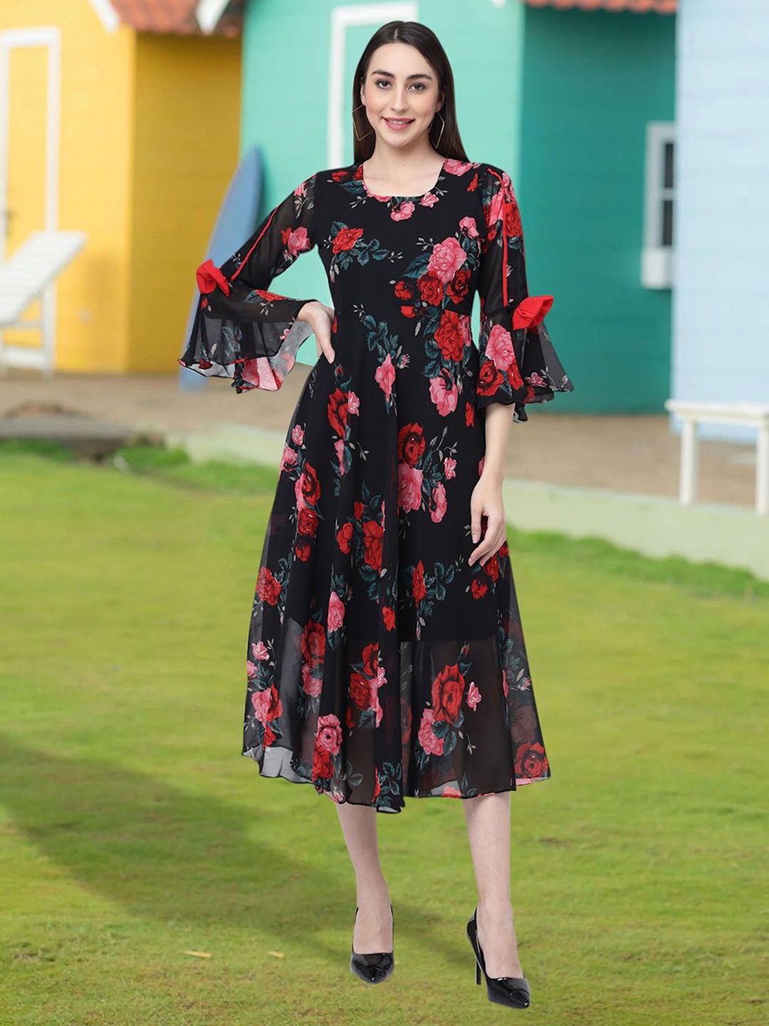 

MISS AYSE Floral Print Applique Fit & Flare Dress, Black