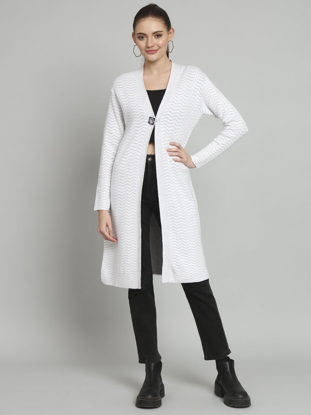 

Chemistry Self Design Woollen Longline Open Front Shrug, White