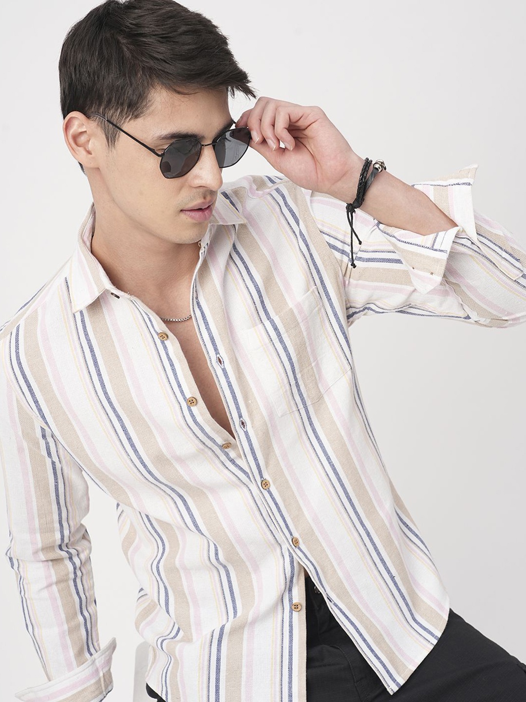 

VASTRADO Men Classic Fit Spread Collar Vertical Striped Cotton Casual Shirt, White