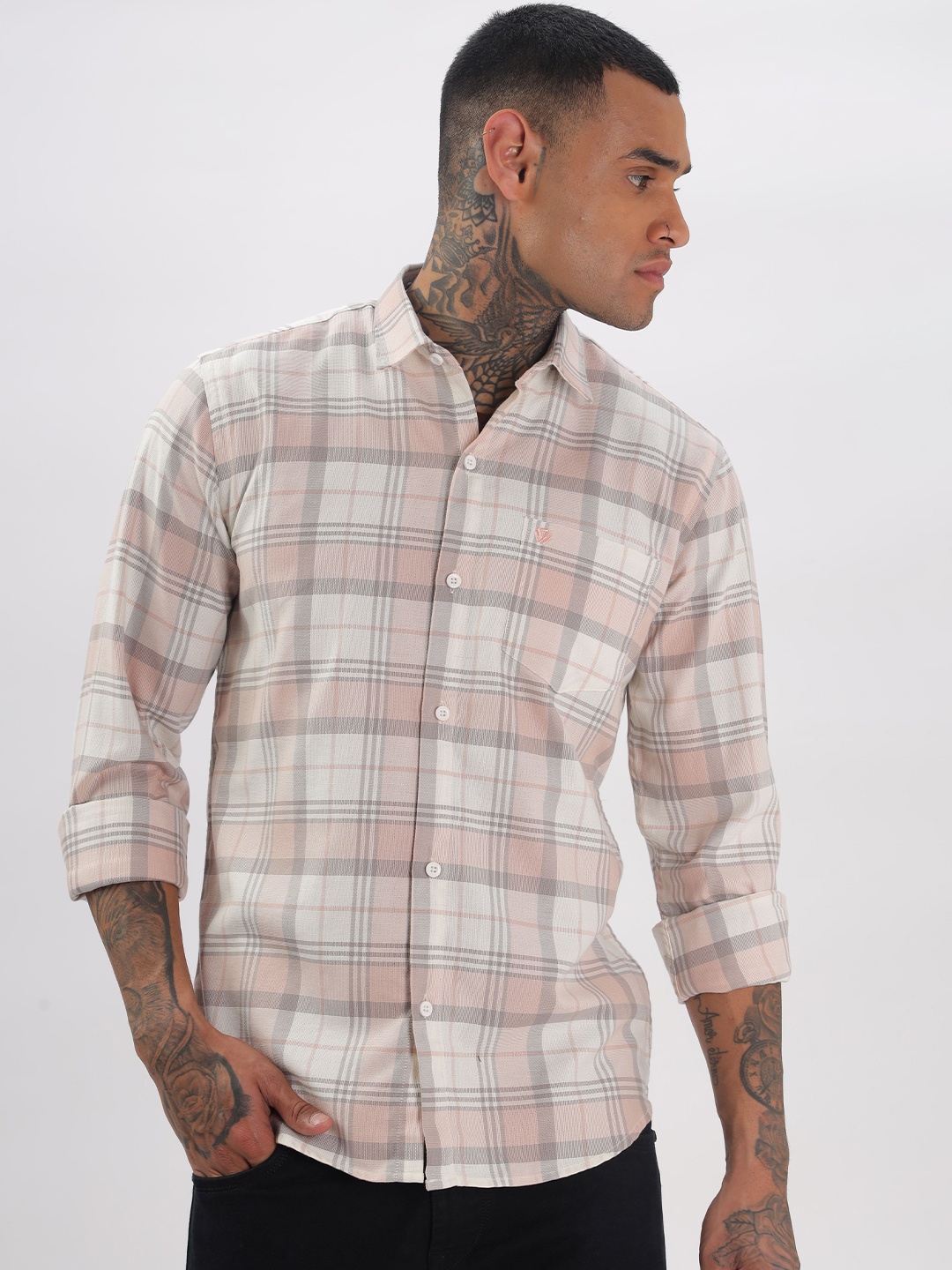 

BS BLUE SQUAD Men Slim Fit Opaque Checked Casual Shirt, Pink