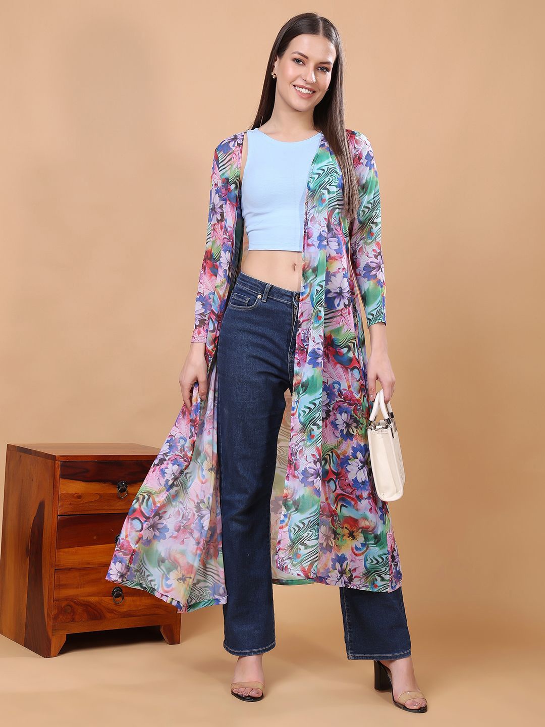 

Cation Floral Printed Longline Open Front Shrug, Purple