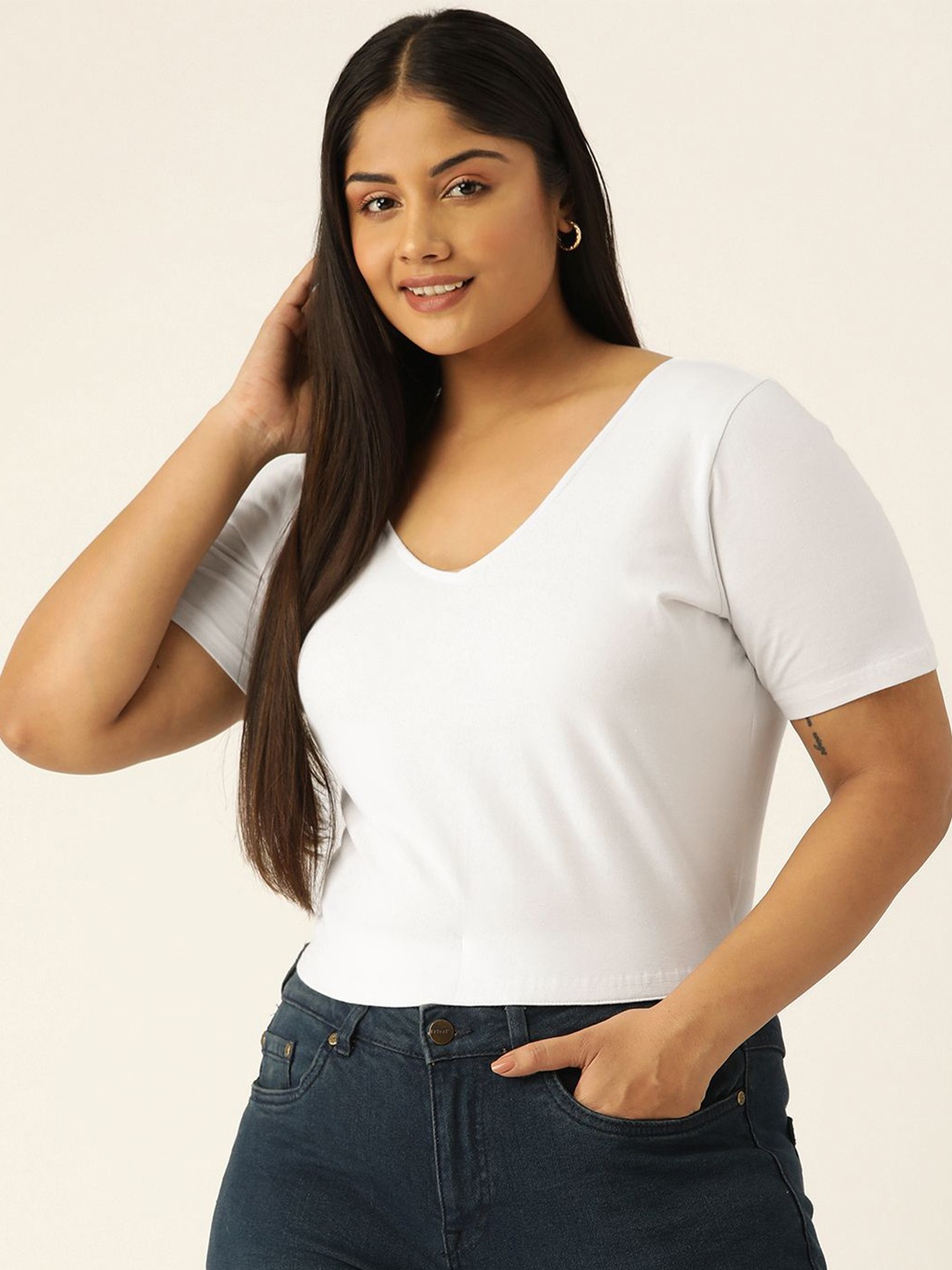 

theRebelinme Women Plus Size Cotton Blouson Crop Top, White