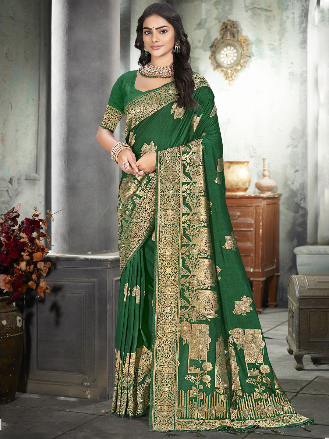 

SANGAM PRINTS Woven Design Ethnic Motifs Zari Tussar Saree, Green