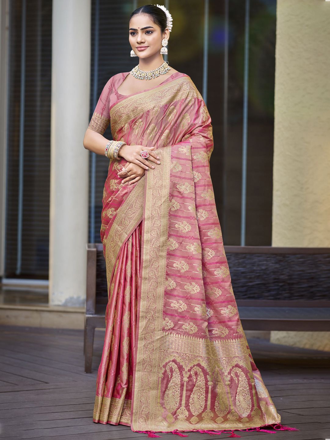 

SANGAM PRINTS Floral Woven Design Zari Satin Tussar Saree, Pink