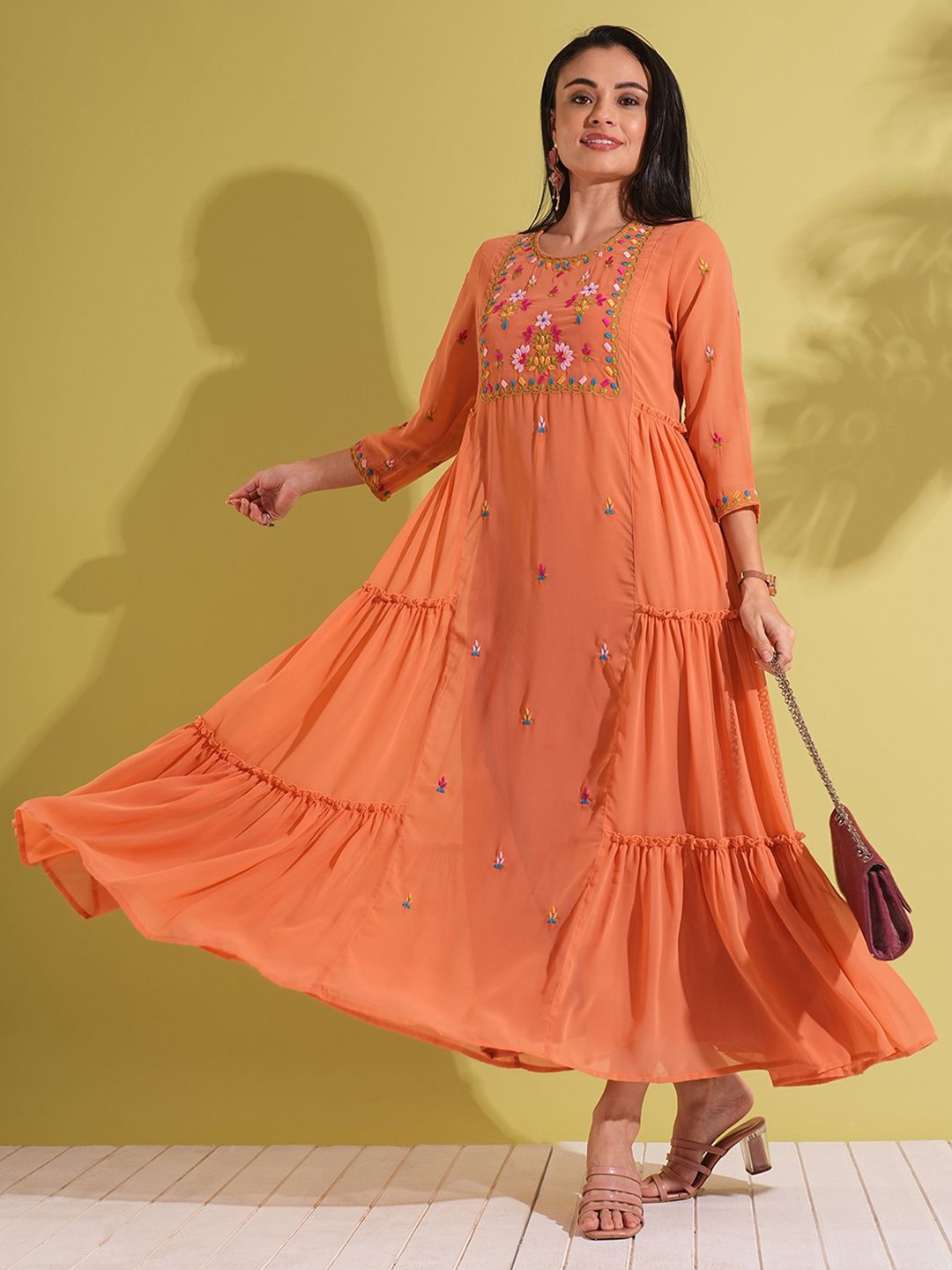 

Globus Floral Embroidered Yoke Georgette Tiered A-Line Maxi Fusion Dress, Orange