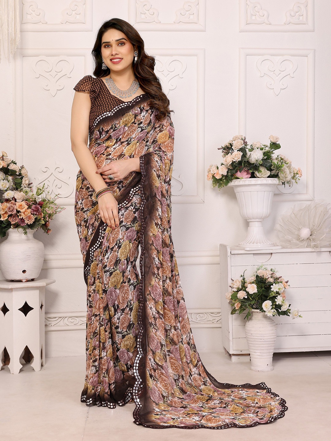 

Nirmohi Fashion Floral Mirror Work Pure Georgette Saree, Cream