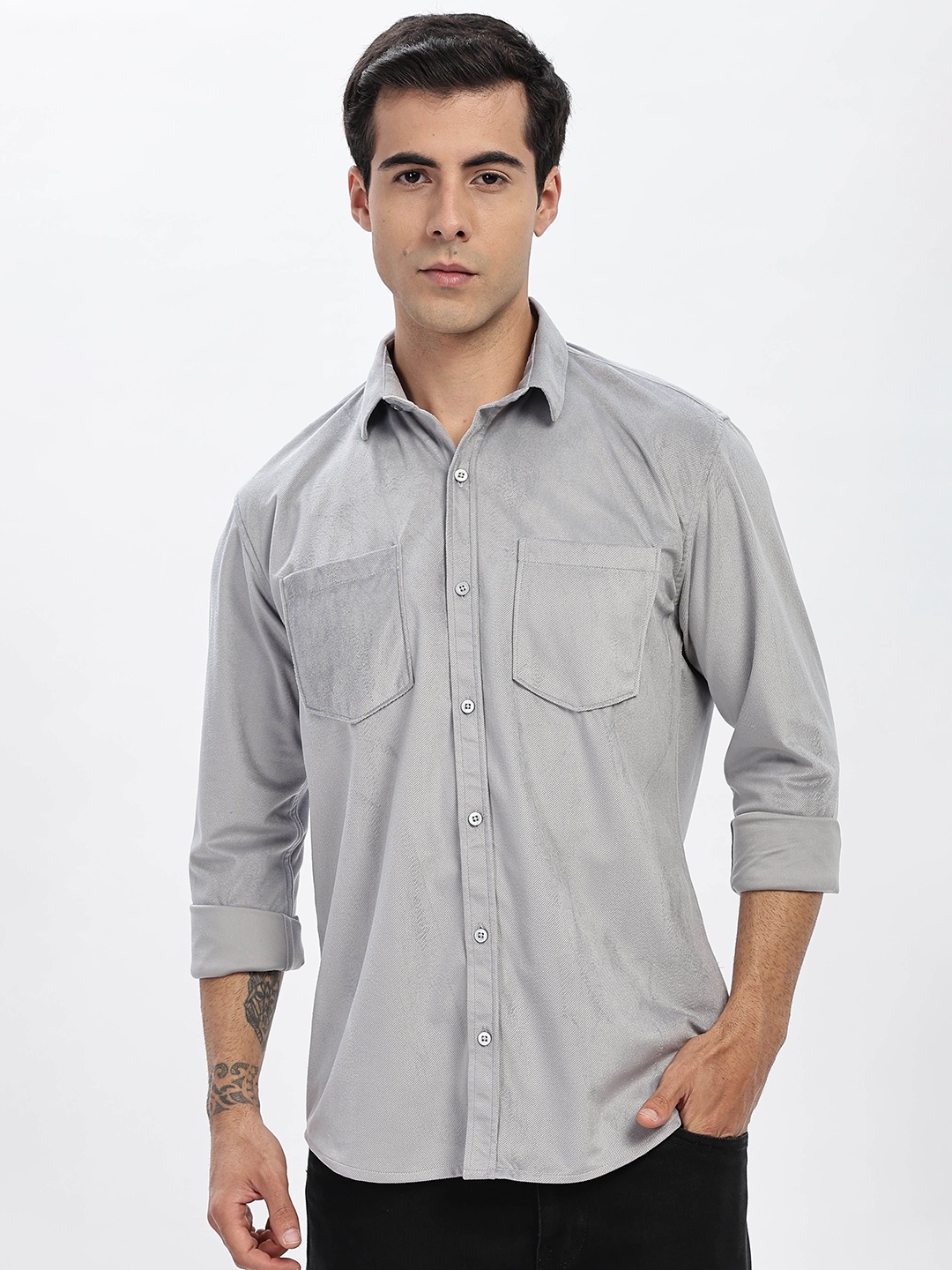 

BUMCHIQ Men Comfort Fit Spread Collar Solid Cotton Casual Shirt, Grey