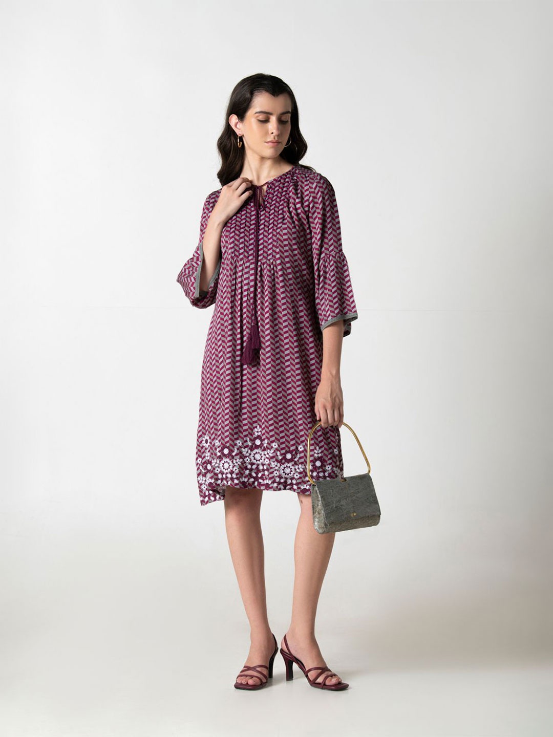 

STIL O STITCH Floral Embroidered Satin Fit & Flare Dress, Maroon