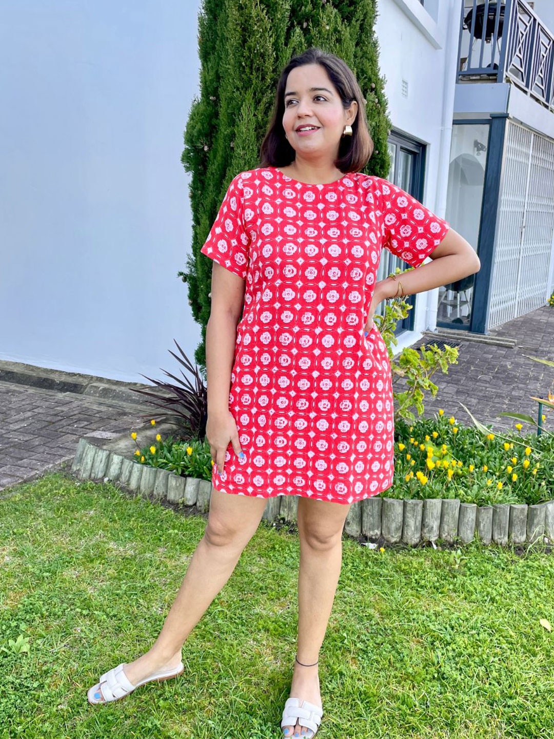 

Label Tanvee Floral Printed Cotton Shift Dress, Red