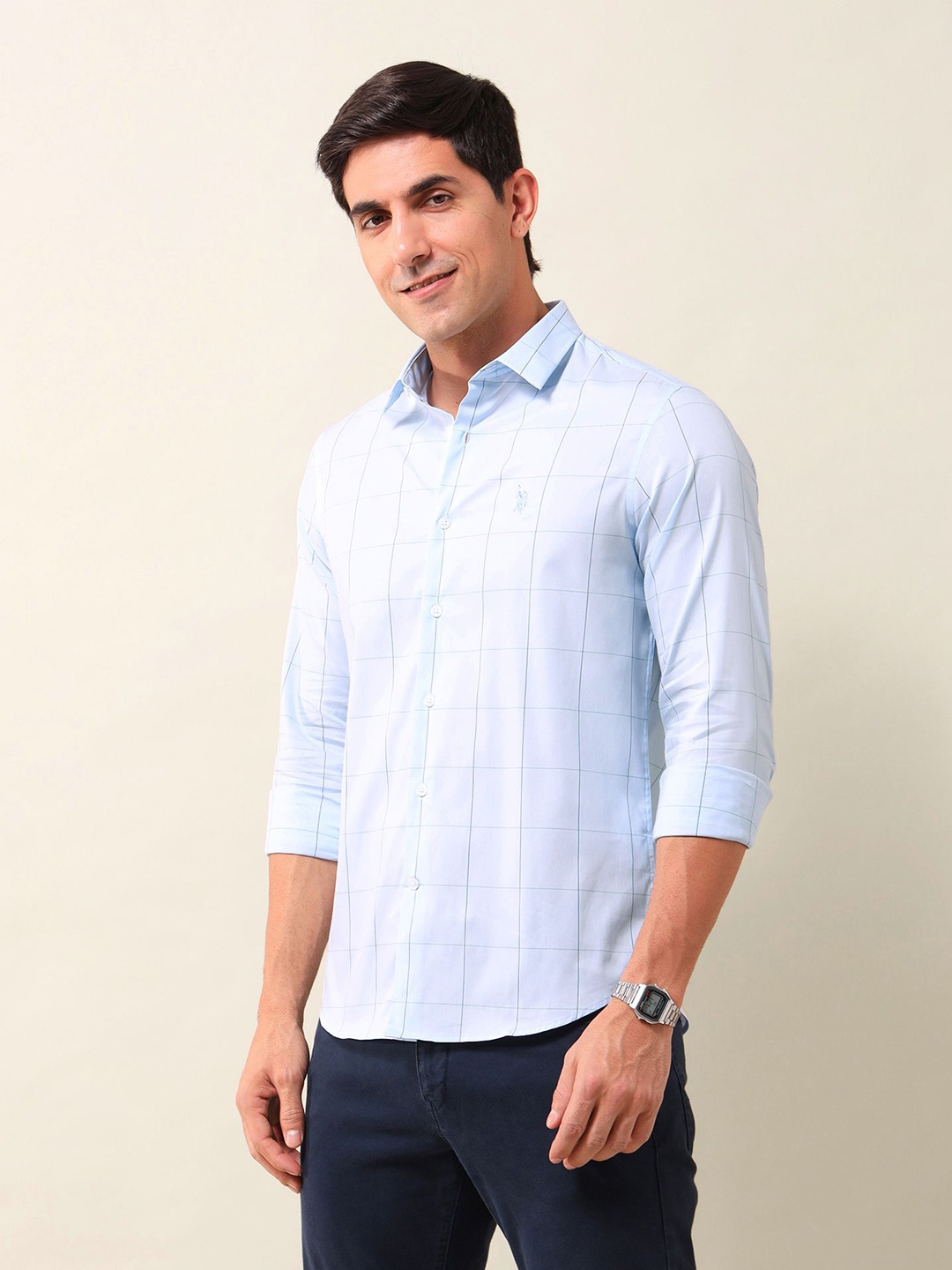 

U.S. Polo Assn. Men Tailored Fit Opaque Checked Casual Shirt, Blue