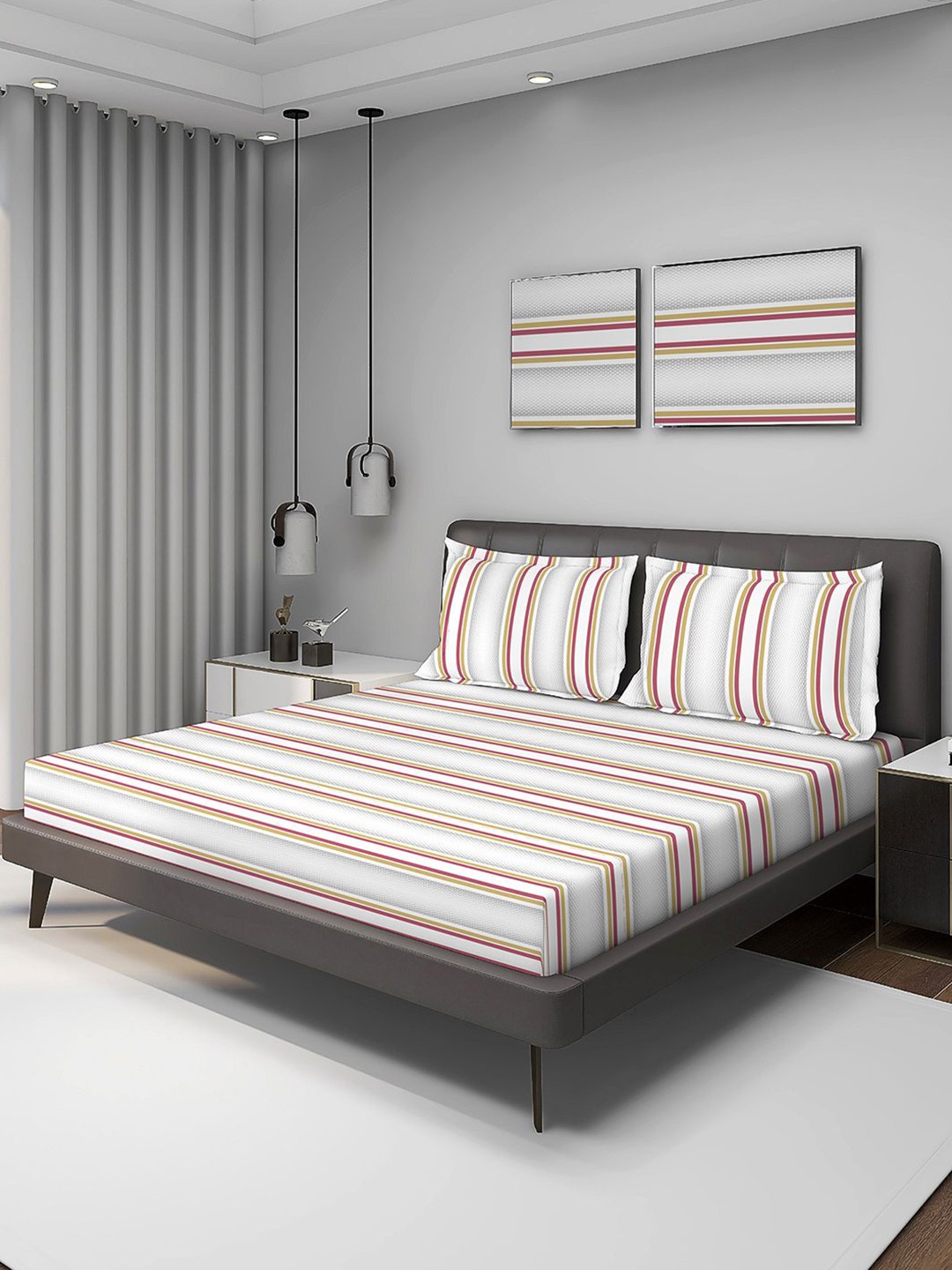 

Layers Grey & White Striped 220 TC King Bedsheet with 2 Pillow Covers 2.74 m x 2.74 m