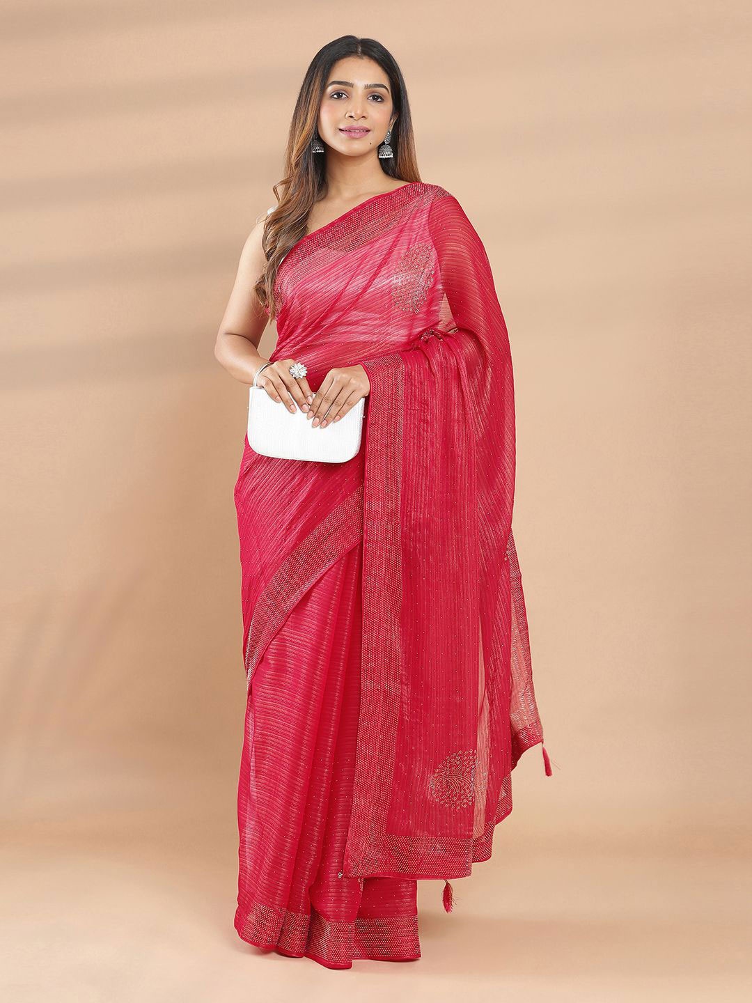 

Kalyan Silks Embellished Beads and Stones Poly Chiffon Saree, Red