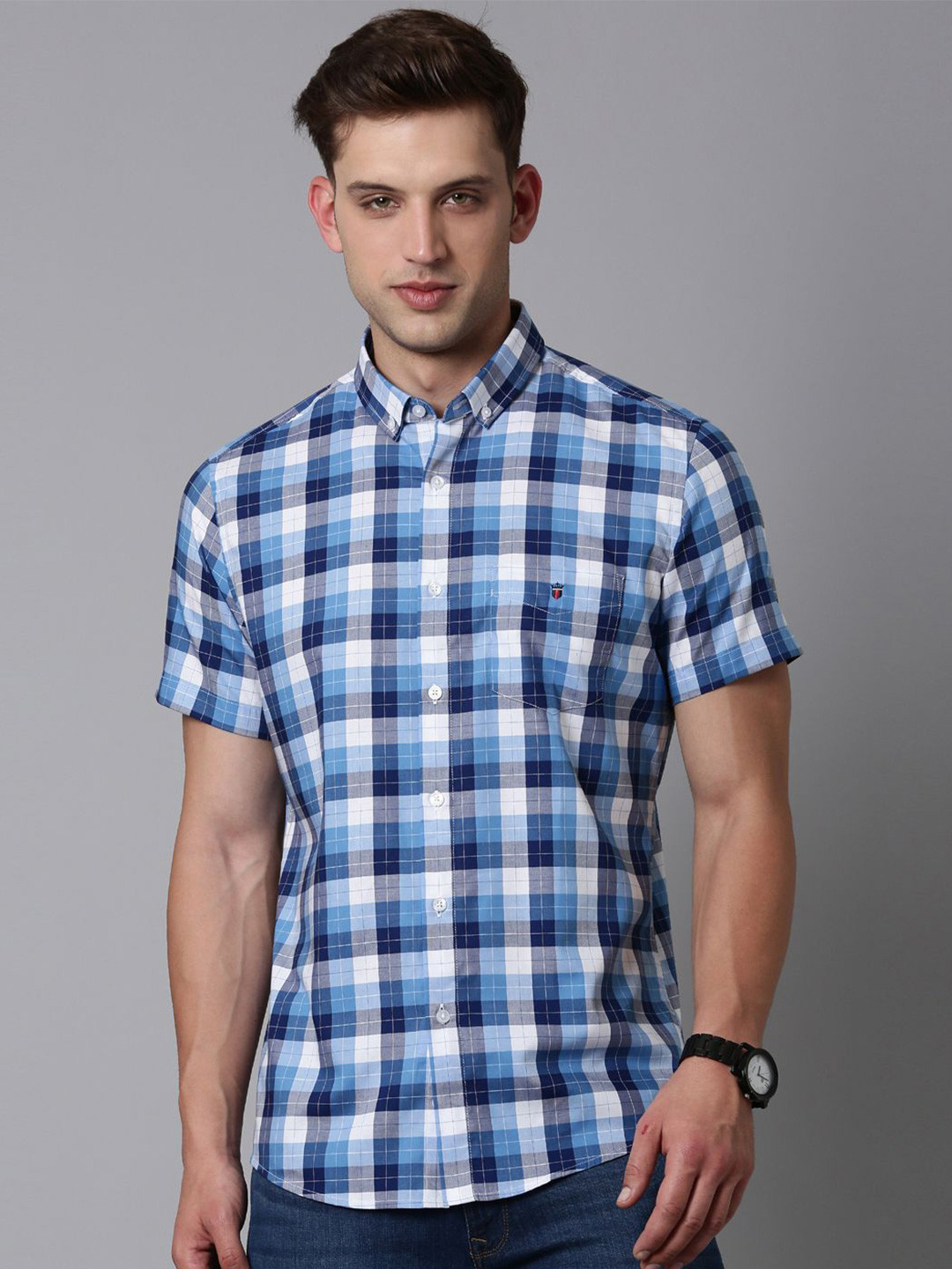 

Louis Philippe Sport Men Slim Fit Grid Tattersall Checks Checked Pure Cotton Shirt, Blue