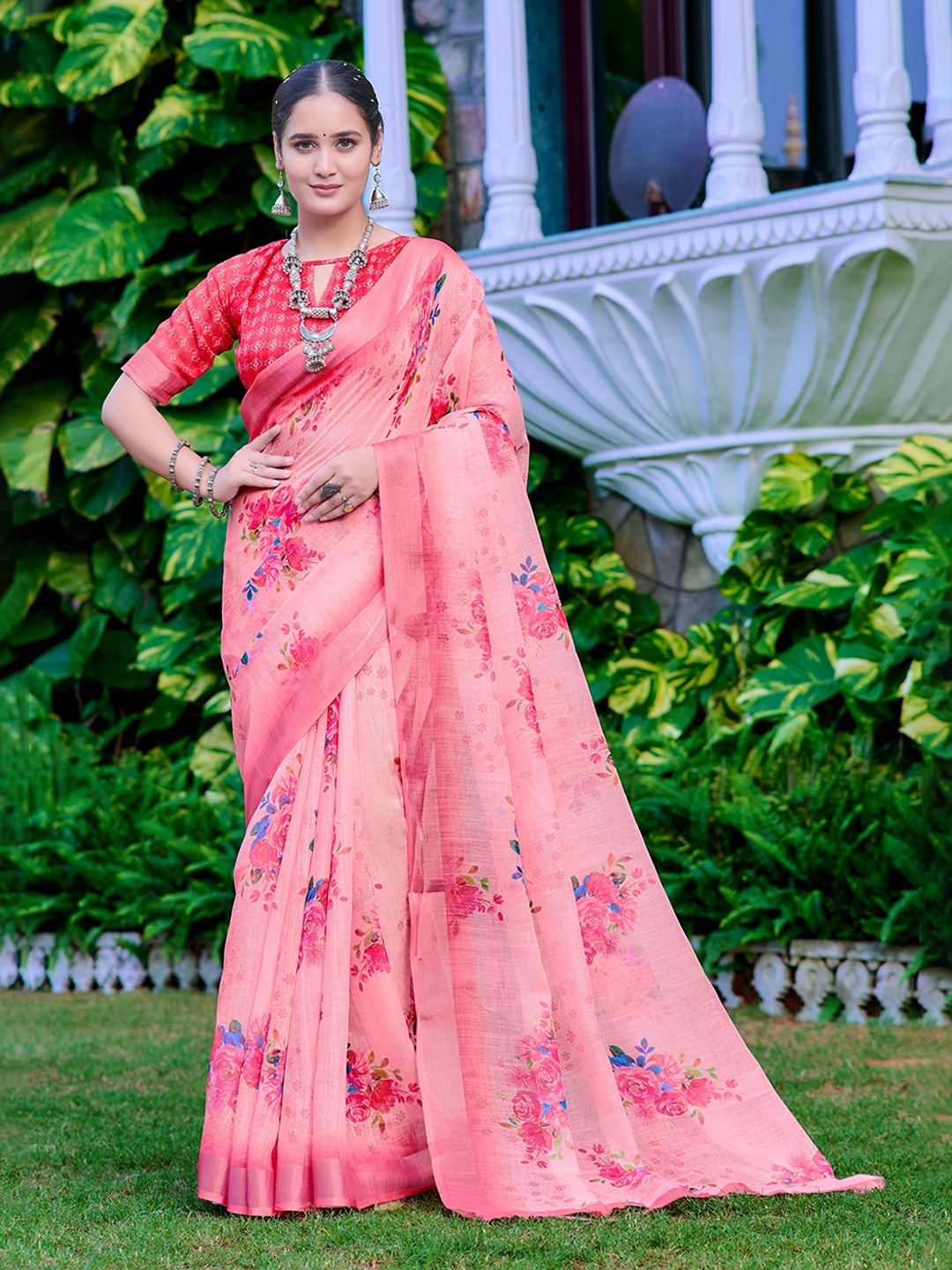 

Sidhidata Floral Block Print Saree, Pink