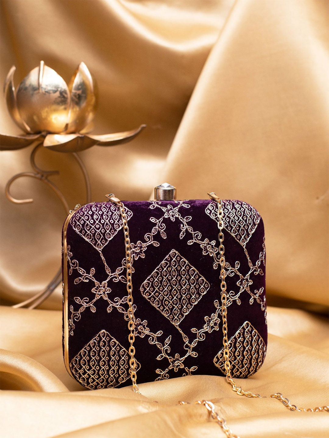

ARTKLIM Zari Embroidered Box Clutch with Sling Chain, Purple