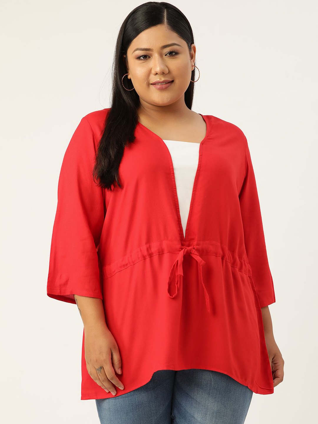 

theRebelinme Women Plus Size V-Neck Longline Top, Red