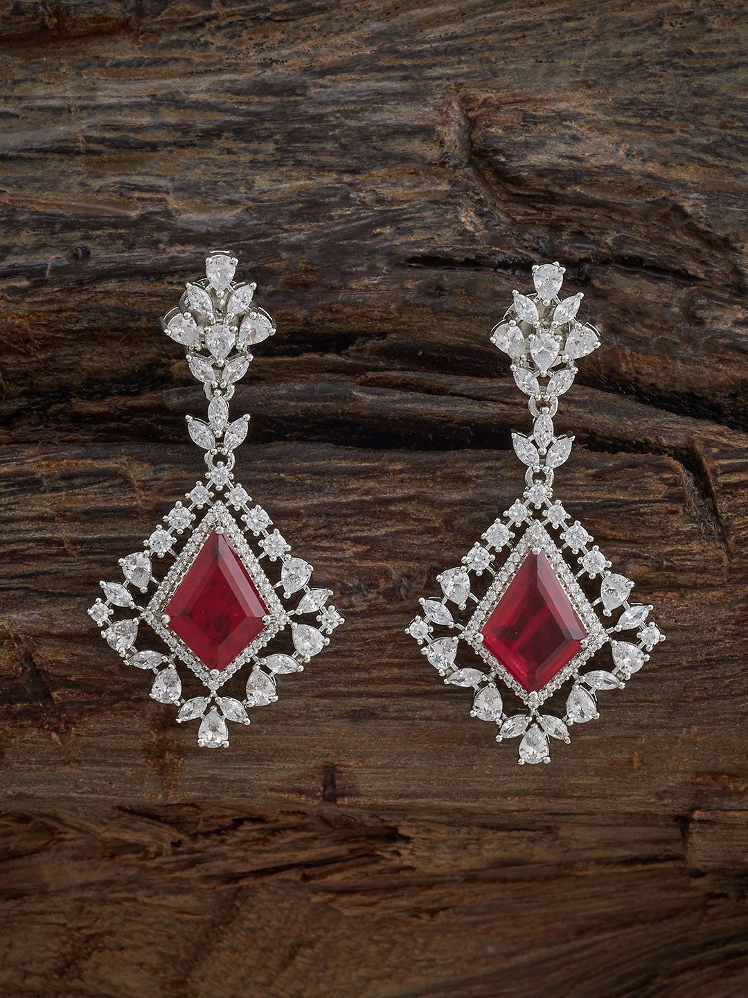 

Kushal's Fashion Jewellery Rhodium-Plated Zircon Studded Triangular Shaped Drop Earrings, Silver