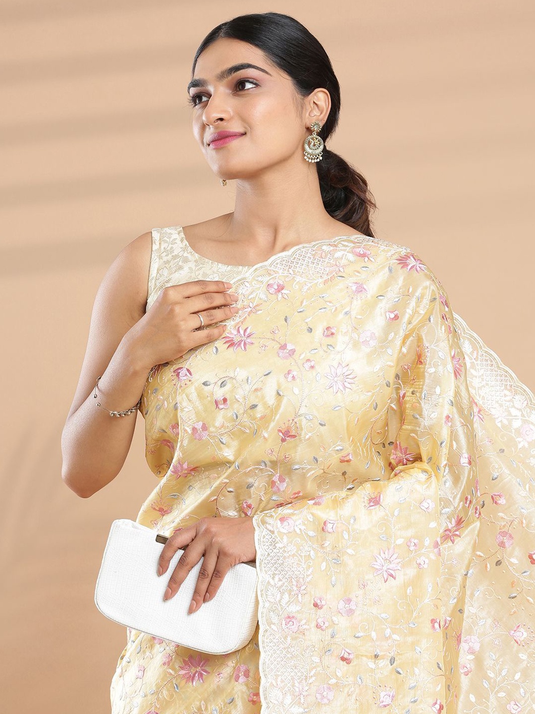 

Kalyan Silks Floral Embroidered Organza Saree, Yellow