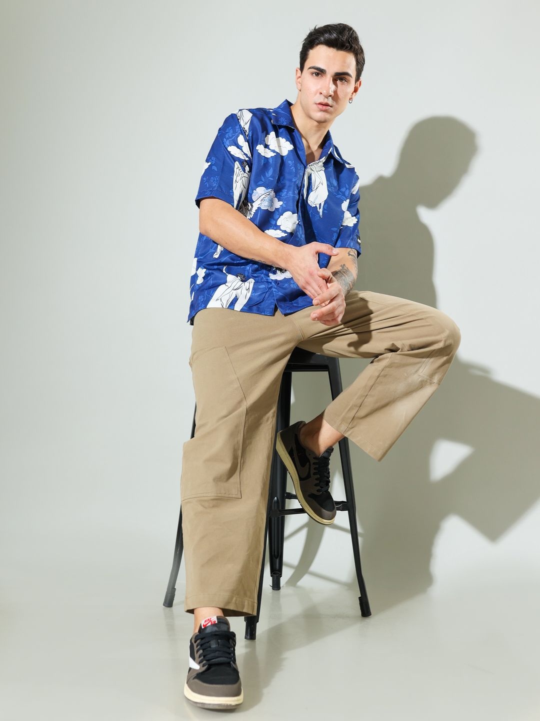 

HERE&NOW Men Relaxed Fit Cuban Collar Graphic Printed Cotton Casual Shirt, Blue