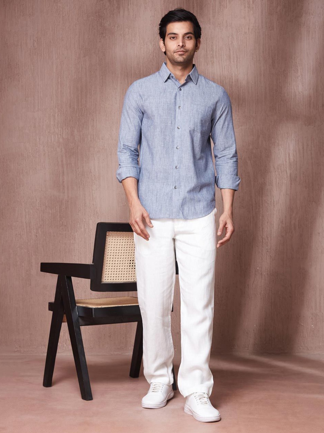 

Fabindia Men Slim Fit Spread Collar Solid Cotton Casual Shirt, Blue