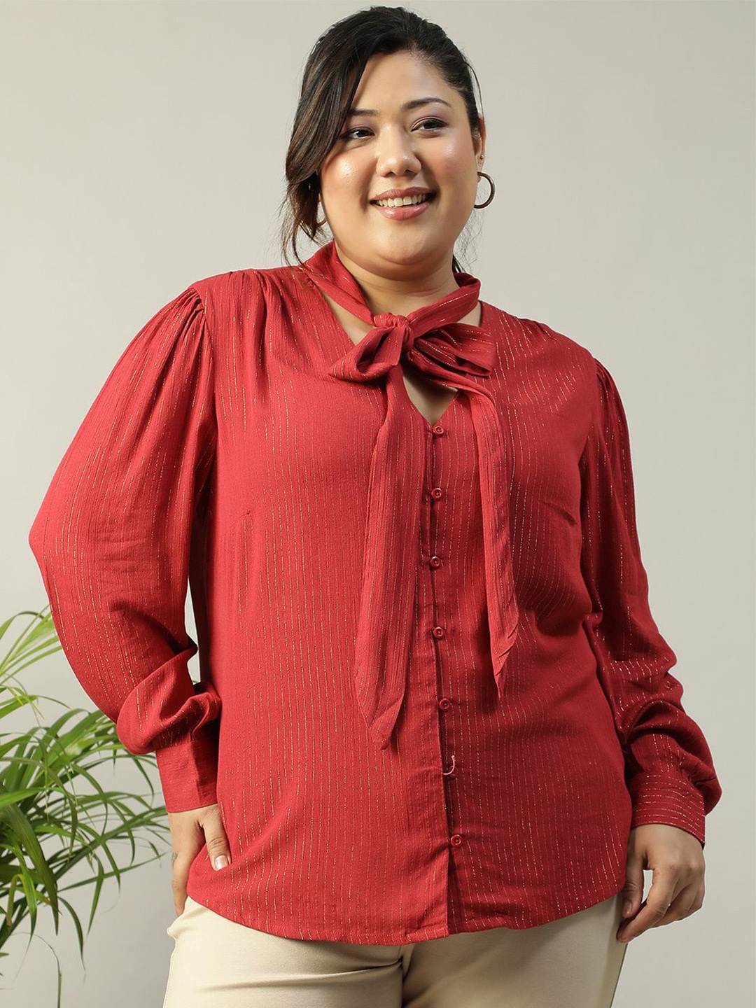 

Oxolloxo Women Plus Size V- Neck With Tie-knot Belt Long Sleeve Top, Red