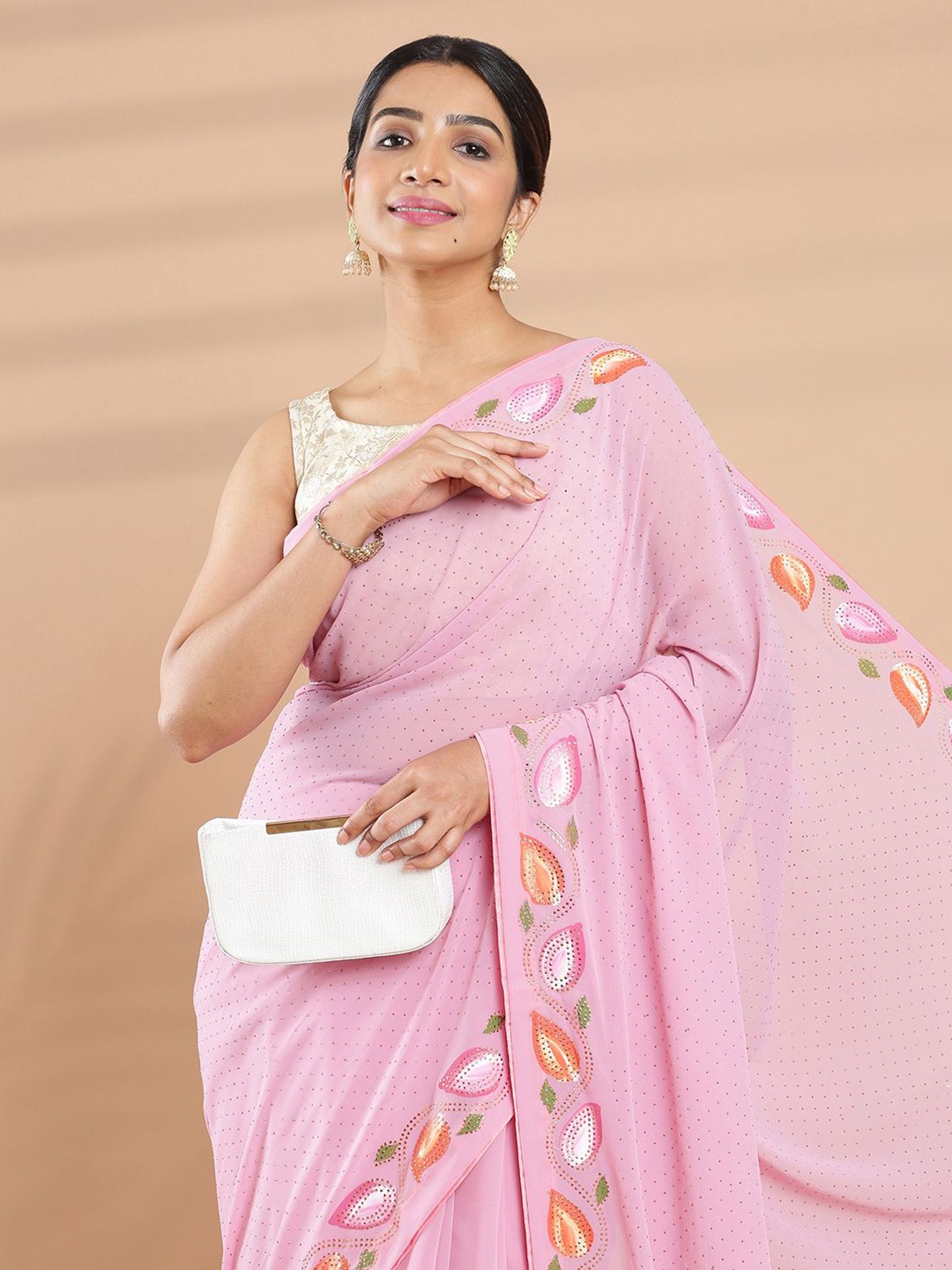 

Kalyan Silks Embellished Beads and Stones Poly Georgette Saree, Pink