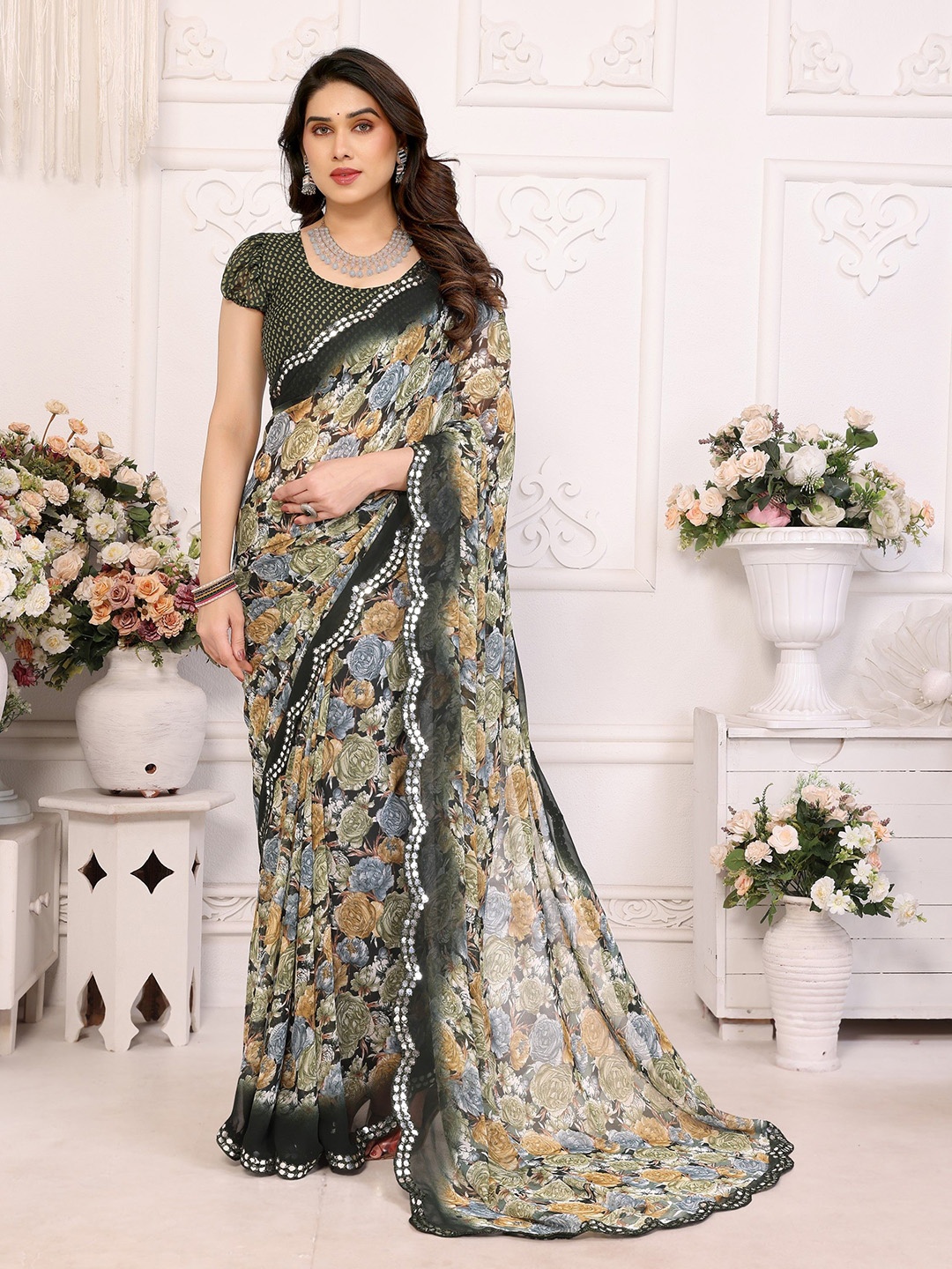 

Nirmohi Fashion Floral Mirror Work Pure Georgette Saree, Olive