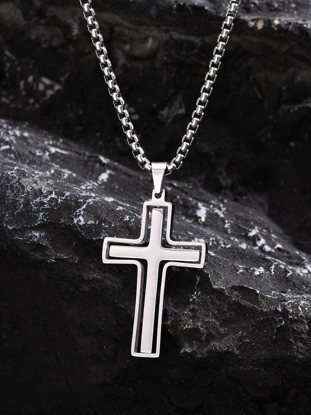 

Peora Men Silver-Plated Stainless Steel Cross Pendant with Box Chain