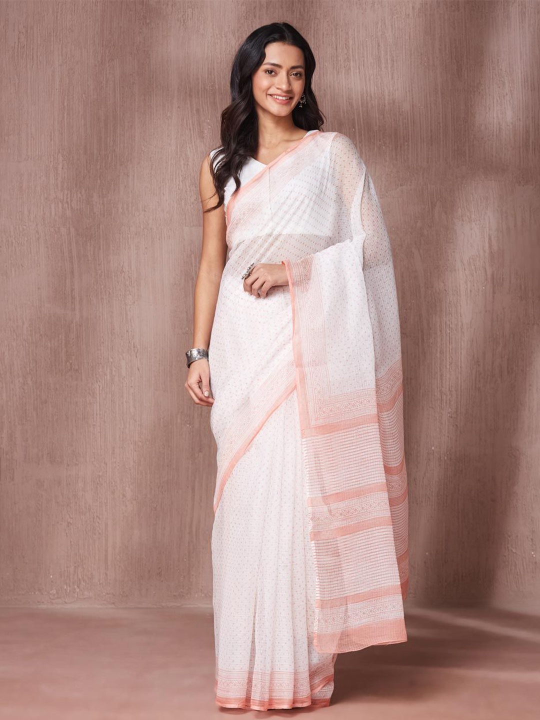 

Fabindia Ethnic Motifs Block Print Saree, White