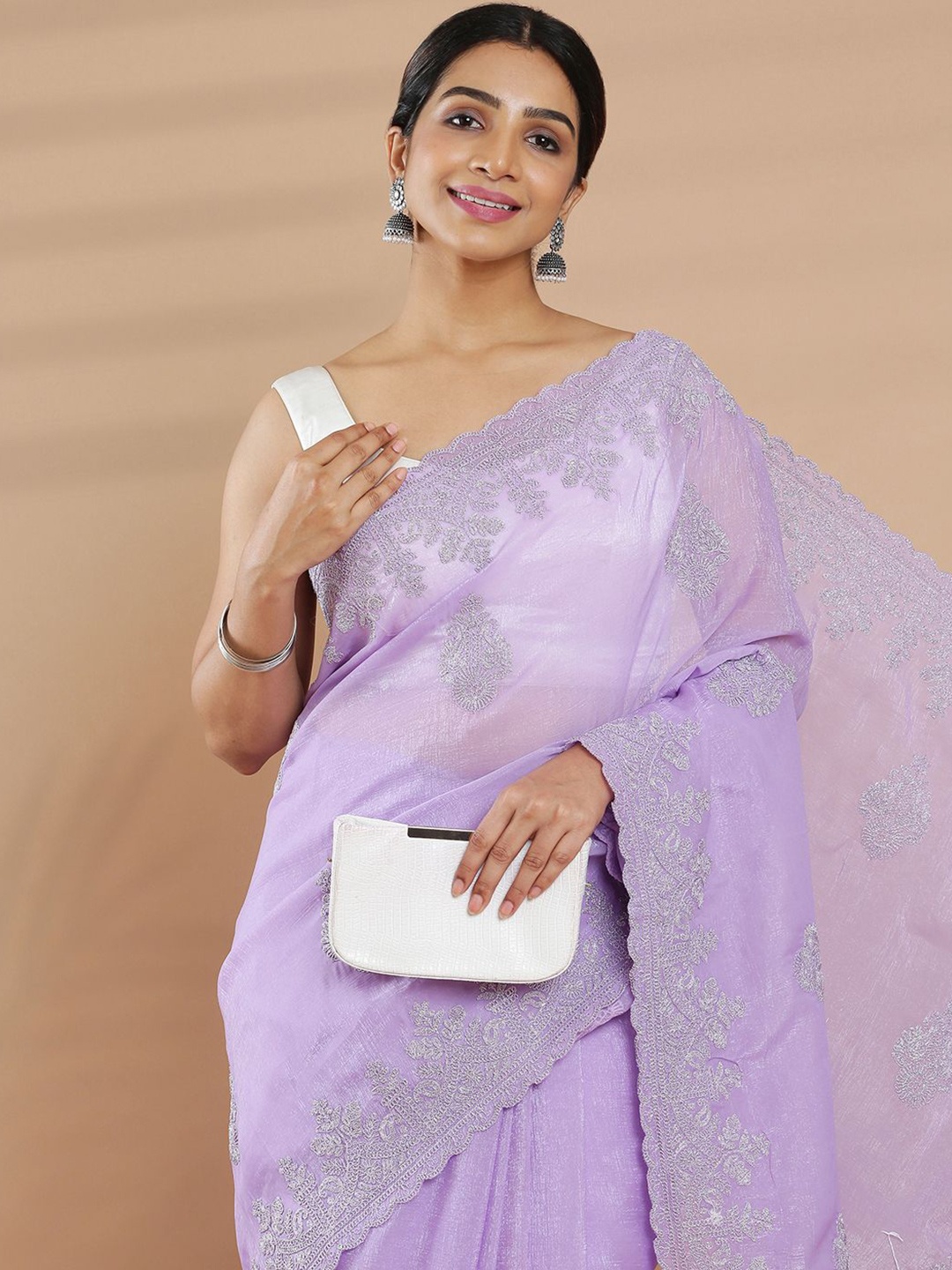 

Kalyan Silks Floral Embroidered Organza Saree, Violet