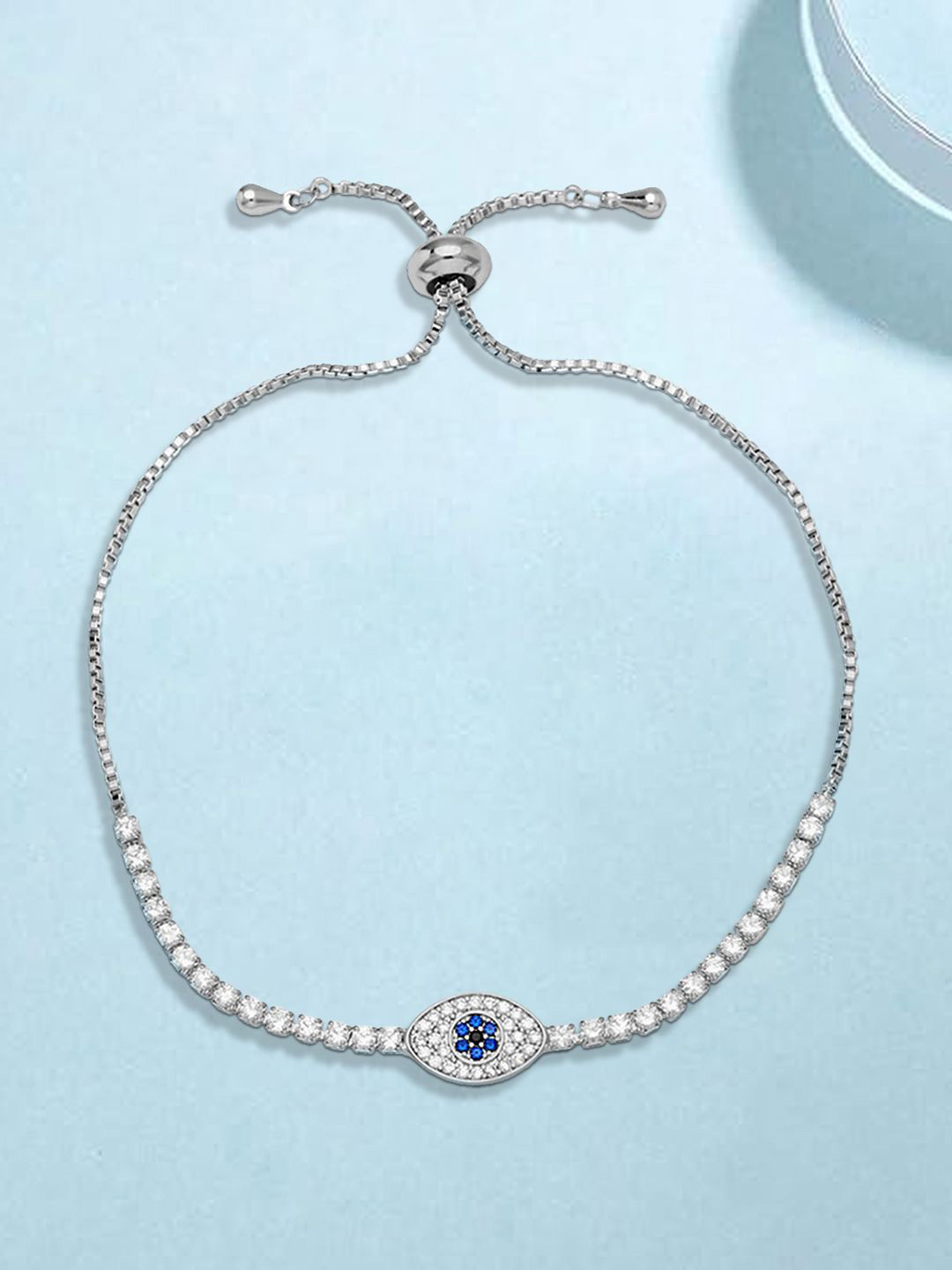 

Peora Silver-Plated Cubic Zirconia Studded Evil Eye Adjustable Wraparound Bracelet