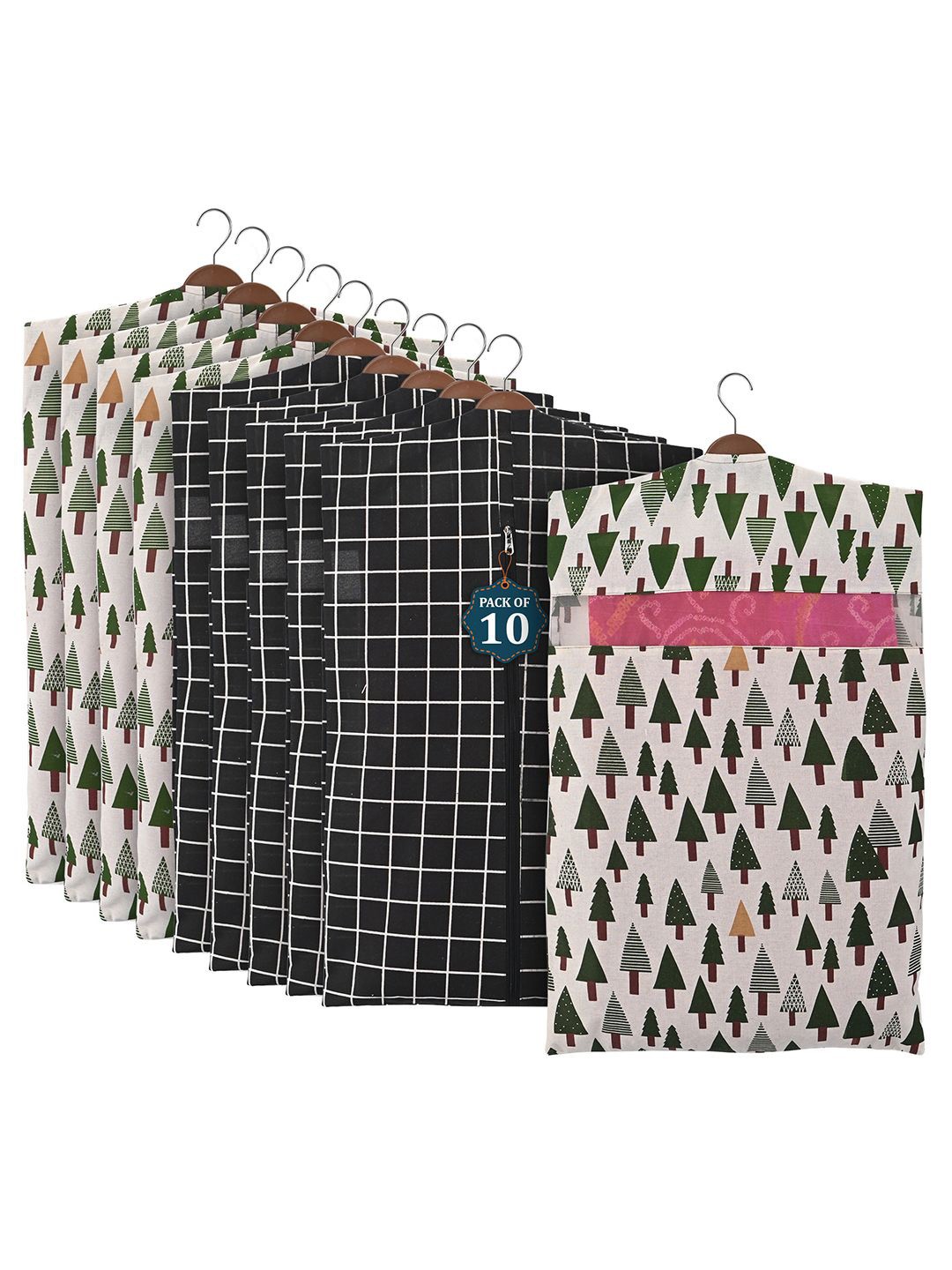 

Kuber Industries Black Set of 10 Cotton Hanging Saree Cover Multi-Utility Organisers