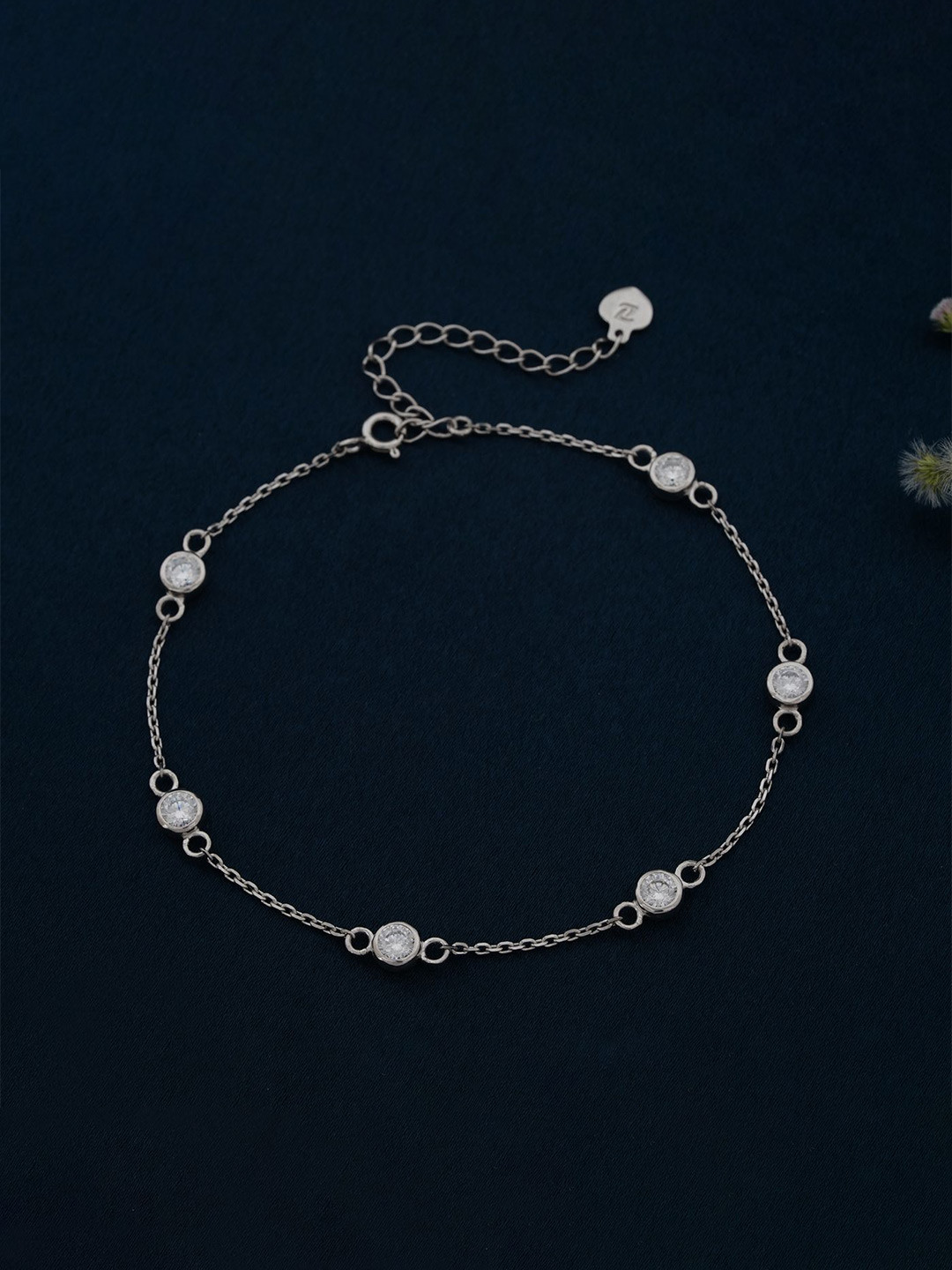 

Zalkari 925 Sterling Silver-Plated Stones Studded Mellow Bezel Single Anklet