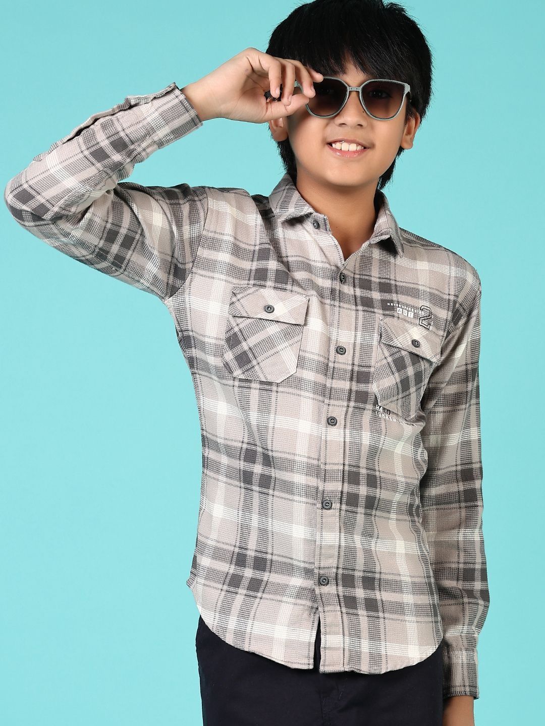 

V-Mart Boys Spread Collar Tartan Checked Cotton Casual Shirt, Grey