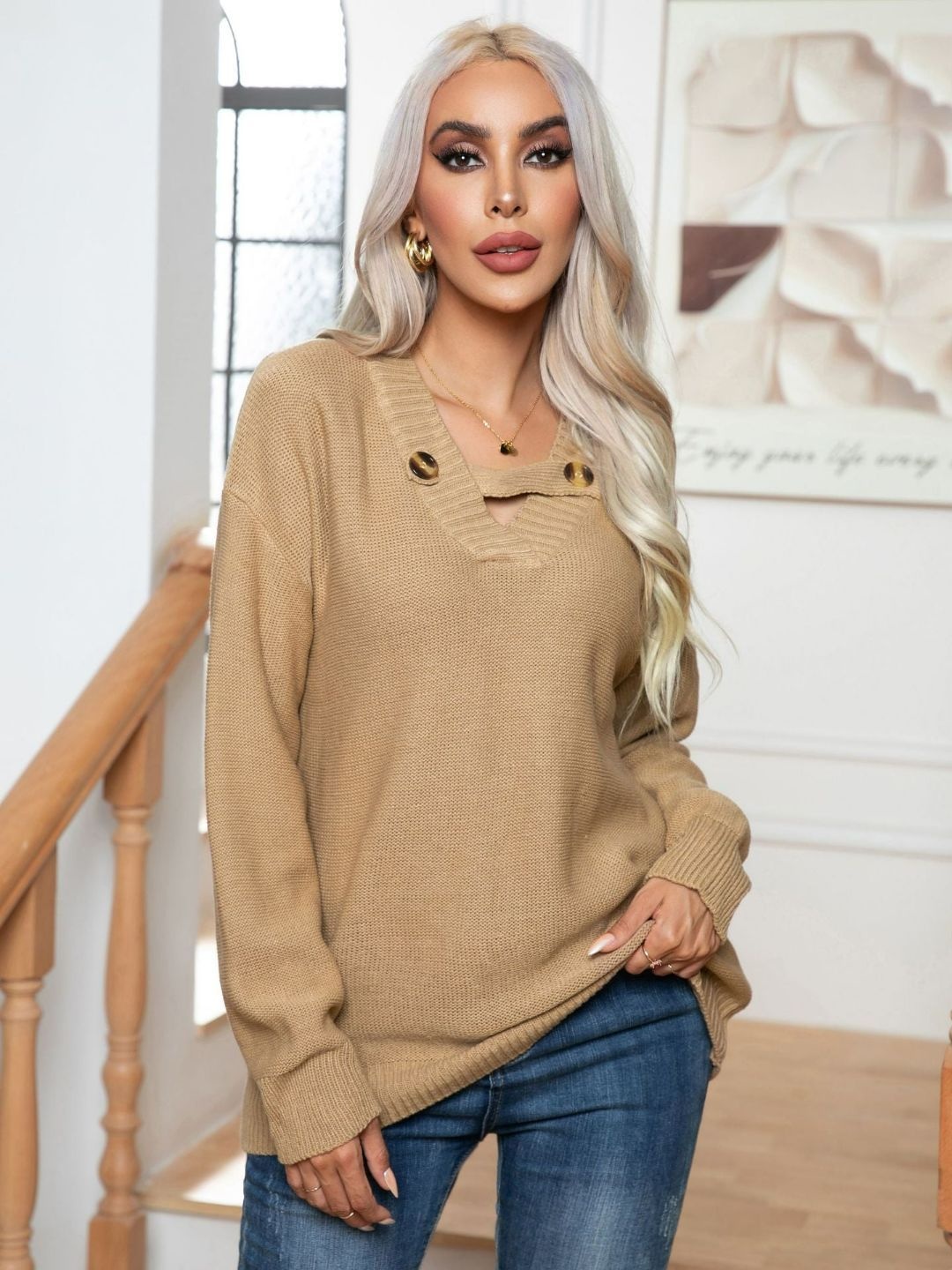 

Oh Rare Women V-Neck Loose Pullover sweater, Khaki