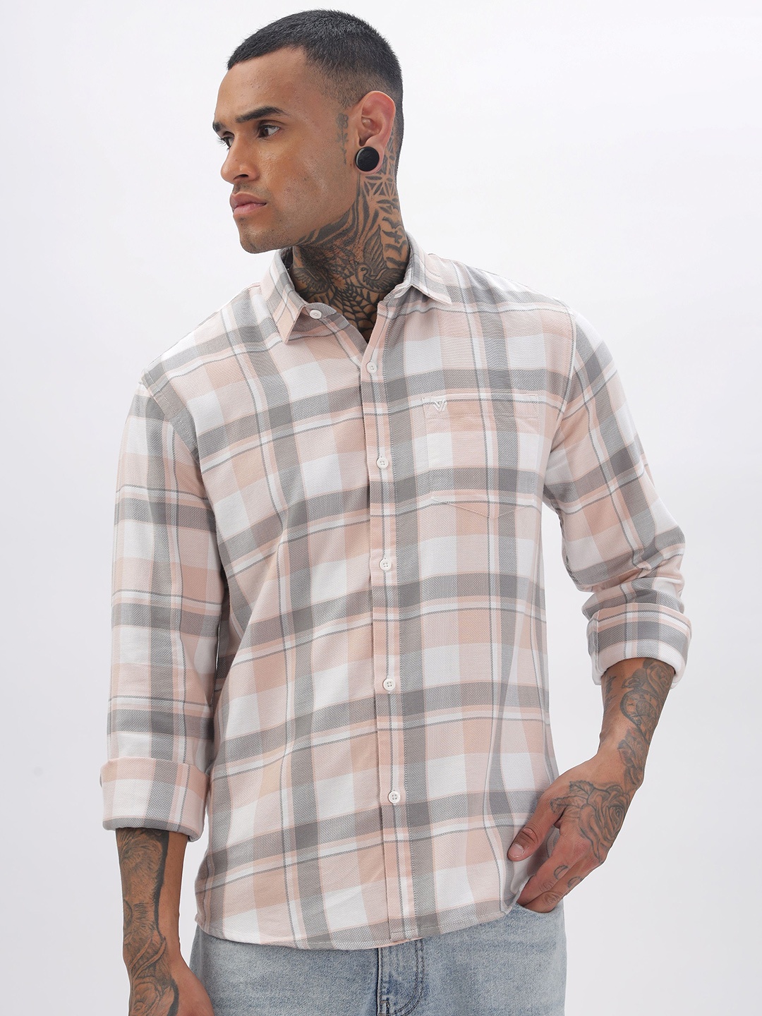 

BS BLUE SQUAD Men Slim Fit Opaque Checked Casual Shirt, Pink